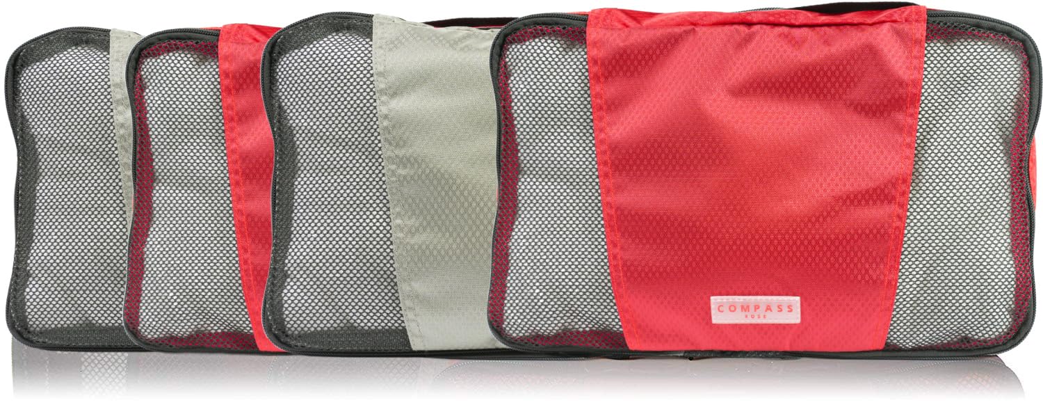 4-Piece Medium Packing Cubes for Travel - Luggage Organizer Set with Numbered & Color-Coded System - Dual Zipper Compartments, Top Handle (Red & Grey) - Perfect for Carry-On Suitcases, Backpacks & Business Trips