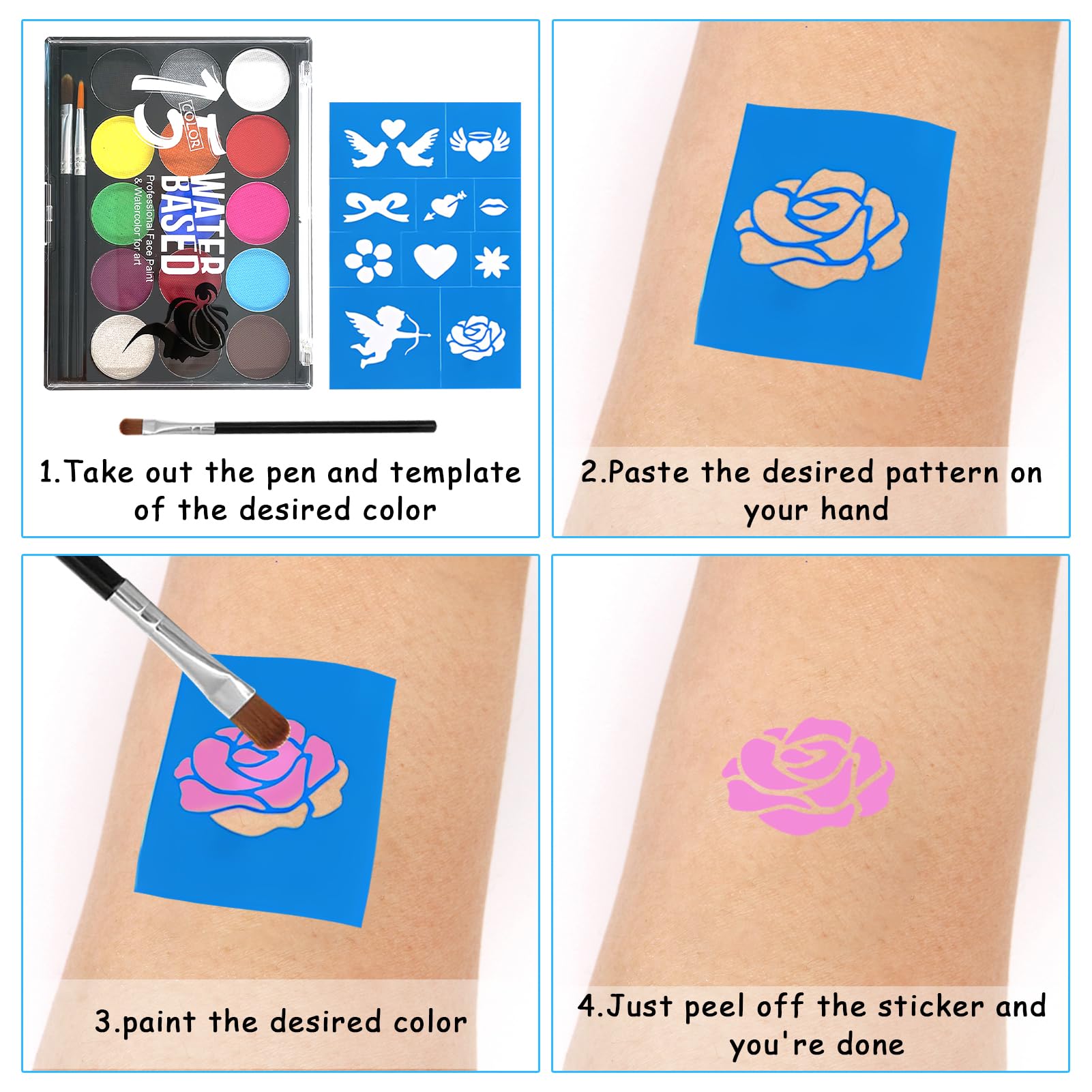 Kids Face & Body Paint Kit - 15 Colors with 4 Stencils & 2 Brushes for Halloween & Carnival Makeup