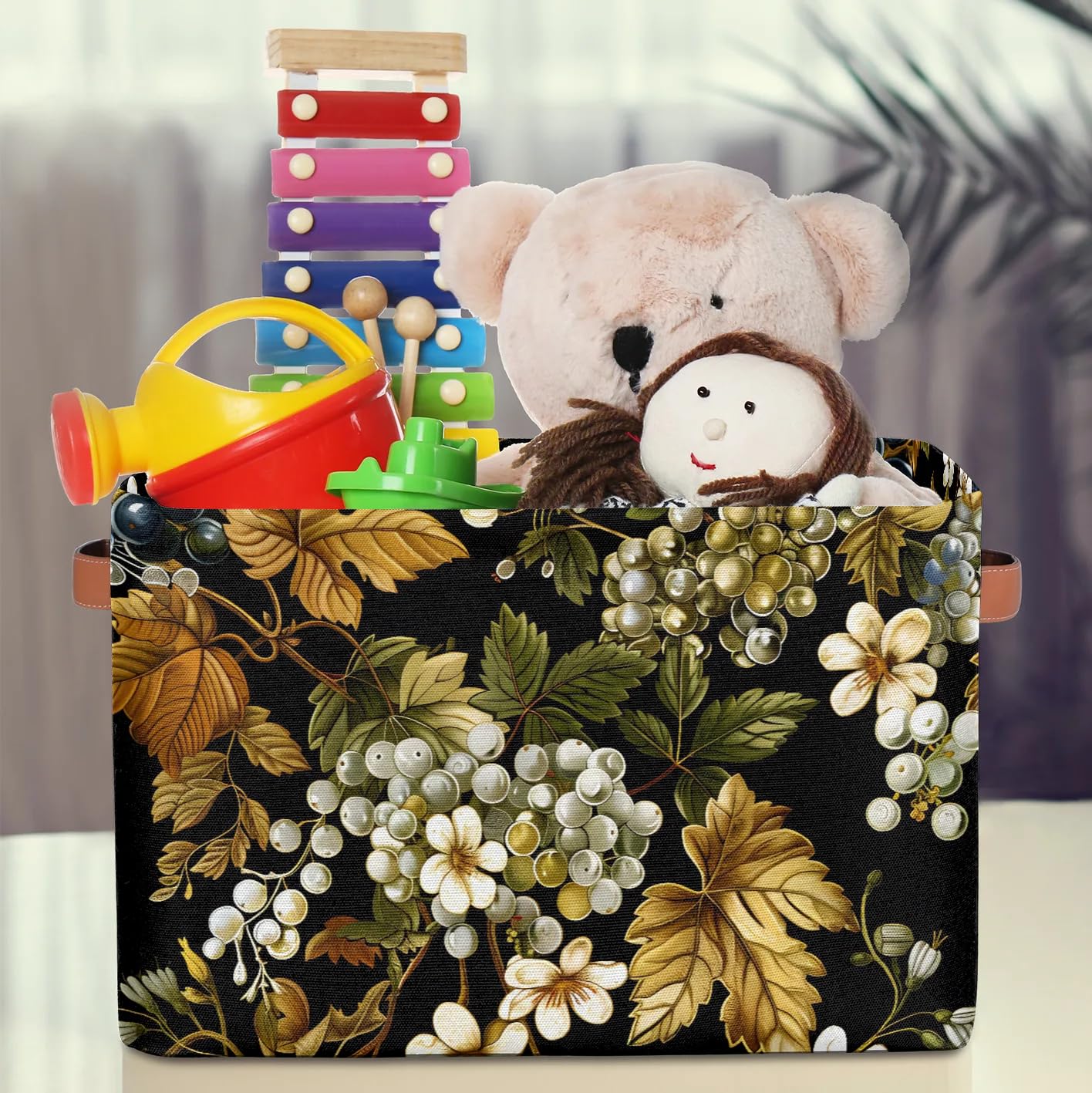 Large Fabric Storage Baskets with Handles - 2 Pack Collapsible Closet Organizers for Clothes, Toys & Home Organization | Grapes Print Decorative Shelving Bins for Bedroom, Nursery & Living Room Storage