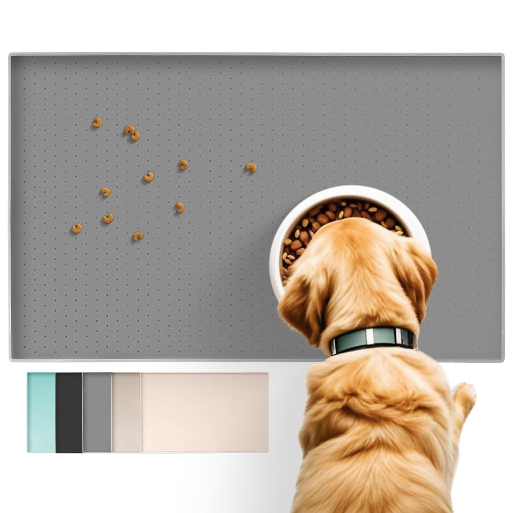 Non-Slip Silicone Pet Food Mat for Dogs & Cats - 48x30cm Waterproof Bowl Mat with Raised Edge to Prevent Spills - Dishwasher Safe & Easy Clean (Gray) - Perfect for Kitchen, Dining Area & Outdoor Use