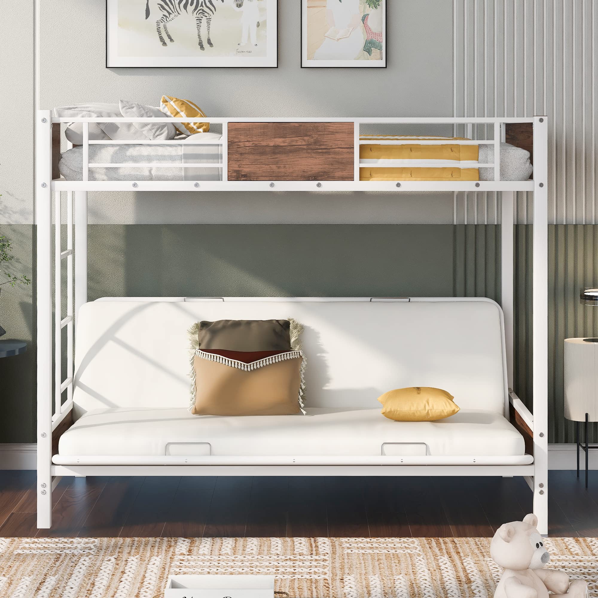 Twin Over Full Metal Futon Bunk Bed Frame - Convertible Daybed for Kids, Teens & Adults - White | Space-Saving Solution for Small Bedrooms, Guest Rooms & Dorm Rooms