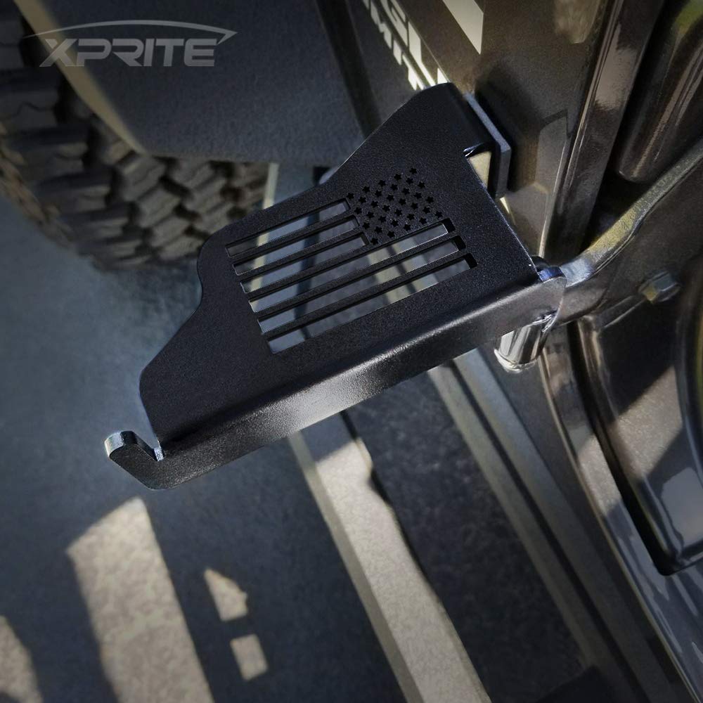 Xprite Wrangler JK JKU Foot Pegs - Heavy Duty Metal Steel Front Rest Pedals with US Flag Design - Compatible with 2007-2018 Jeep Wrangler (Pair) - Perfect for Off-Roading & Adventure Accessories