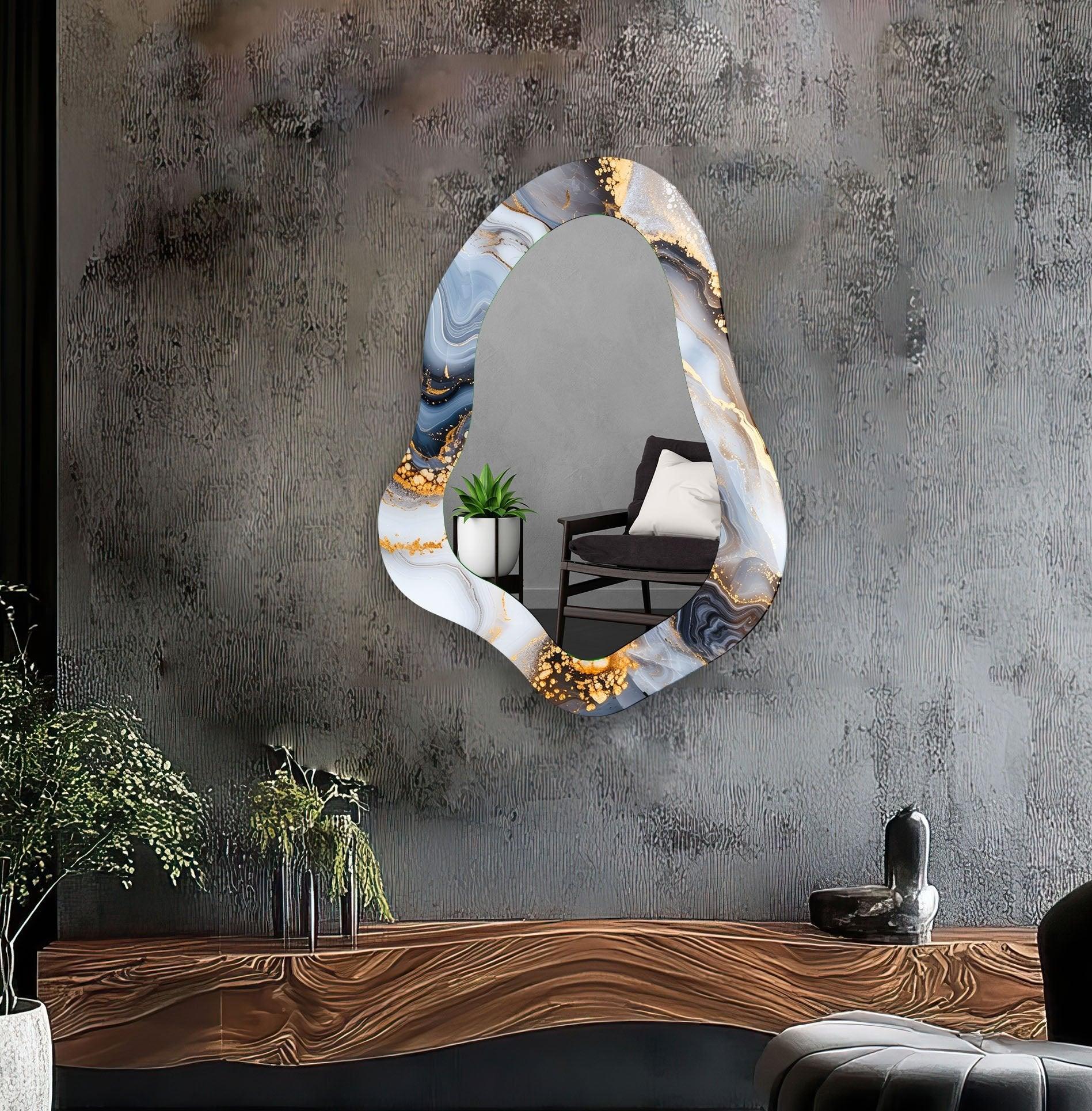 Handmade Asymmetrical Grey Alcohol Ink Wall Mirror - Unique Home Decor for Living Room, Bedroom, or Bathroom - Modern Abstract Art Piece for Wall Hanging