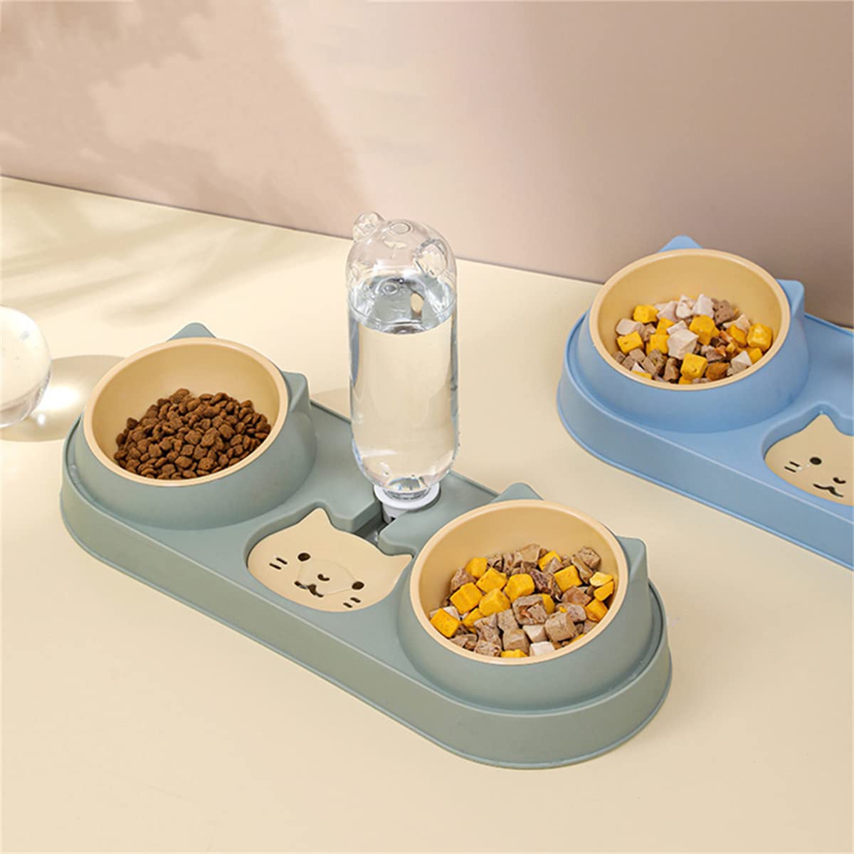 Triple Elevated Cat Bowls with Water Dispenser - 3-in-1 Automatic Pet Feeder for Cats & Small Dogs - Raised Plastic Food & Water Dish Set for Wet/Dry Food (Dark Green) - Perfect for Home, Kitchen & Travel Use