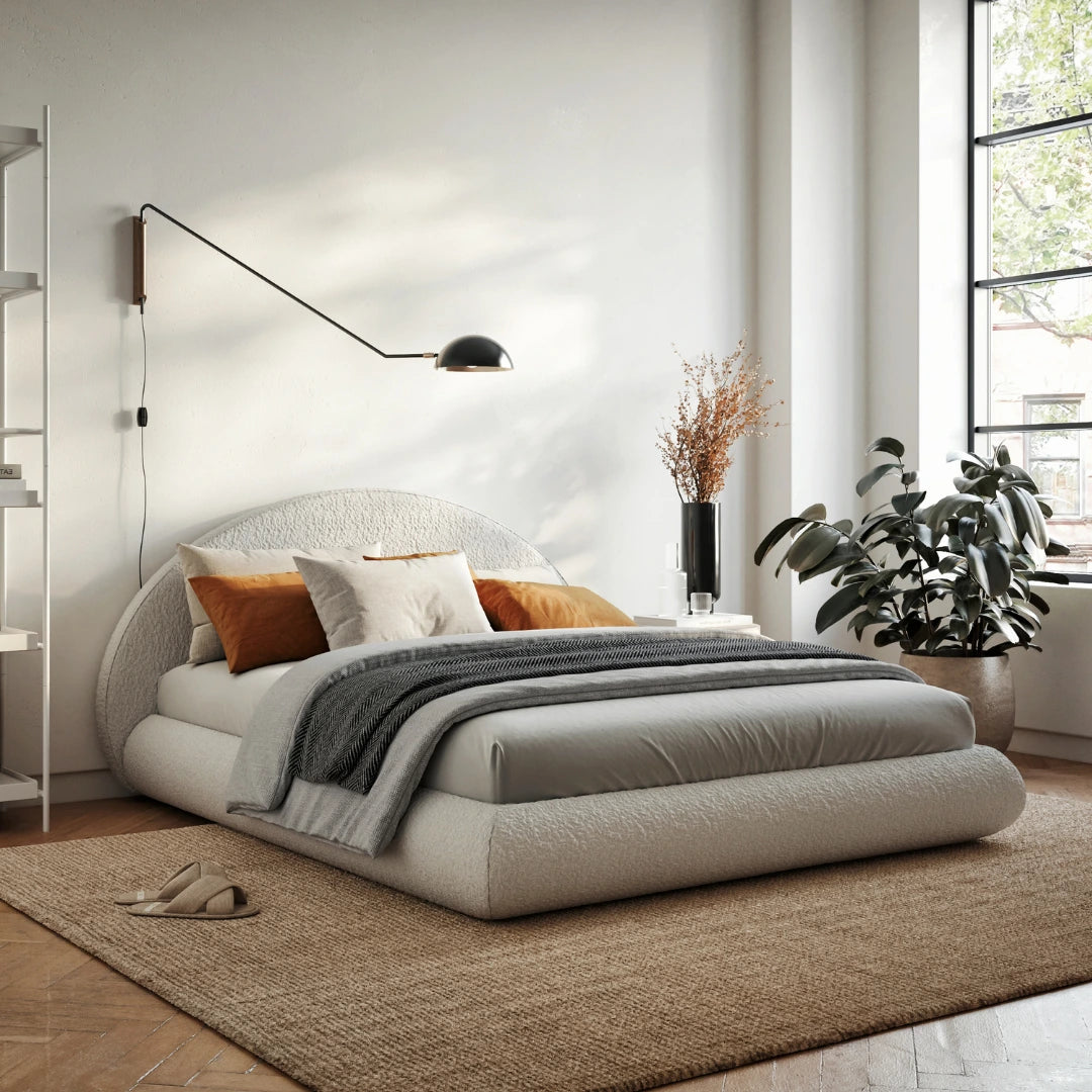Luna Bed Frame with Headboard - Modern Boucle Fabric Upholstered Queen/King Size Bed Set for Bedroom, Living Room & Guest Room