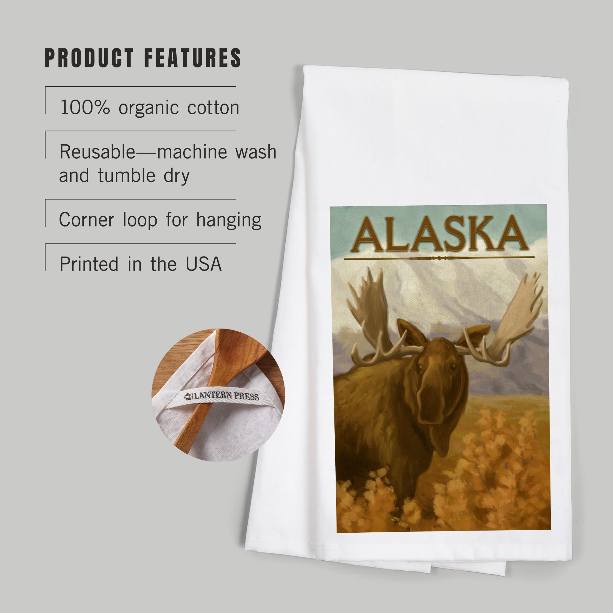 Lantern Press Alaska Moose Oil Painting Tea Towel - 100% Cotton Decorative Hand Towel for Kitchen, Bathroom & Home Decor | Perfect for Gifts, Dish Drying & Farmhouse Style Decor