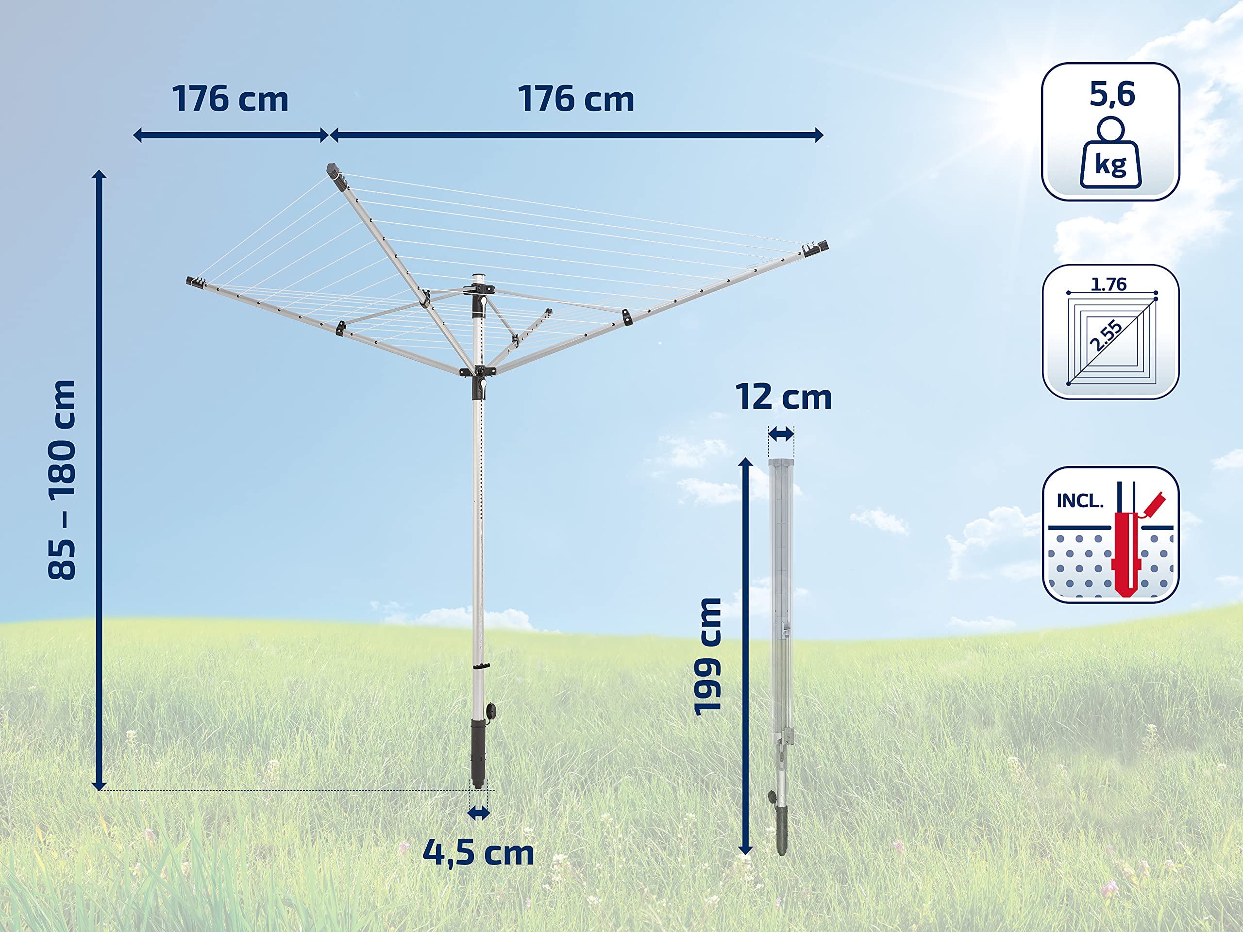 Leifheit LinoLift 500 Adjustable Height 4-Arm Rotary Clothesline - 50m Outdoor Clothes Dryer for Garden, Patio & Laundry - Grey Durable Washing Line for Backyard, Balcony & Household Use