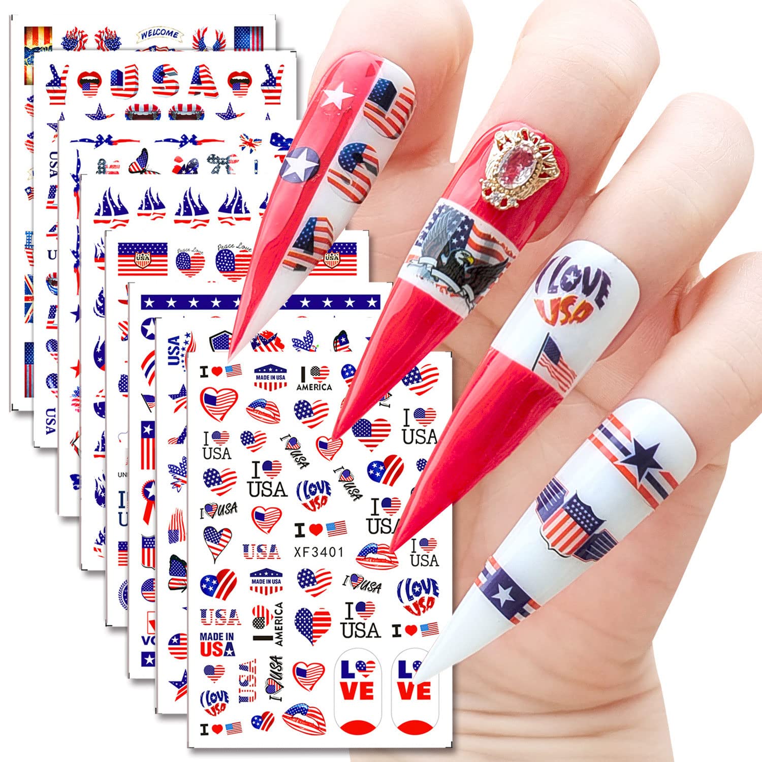 8 Sheets American Flag Nail Stickers - USA Independence Day Nail Decals with Stars, Butterflies & Heart Designs | Nail Art Supplies for Women | Perfect for 4th of July Parties, Patriotic Events & Nail Salon Decorations