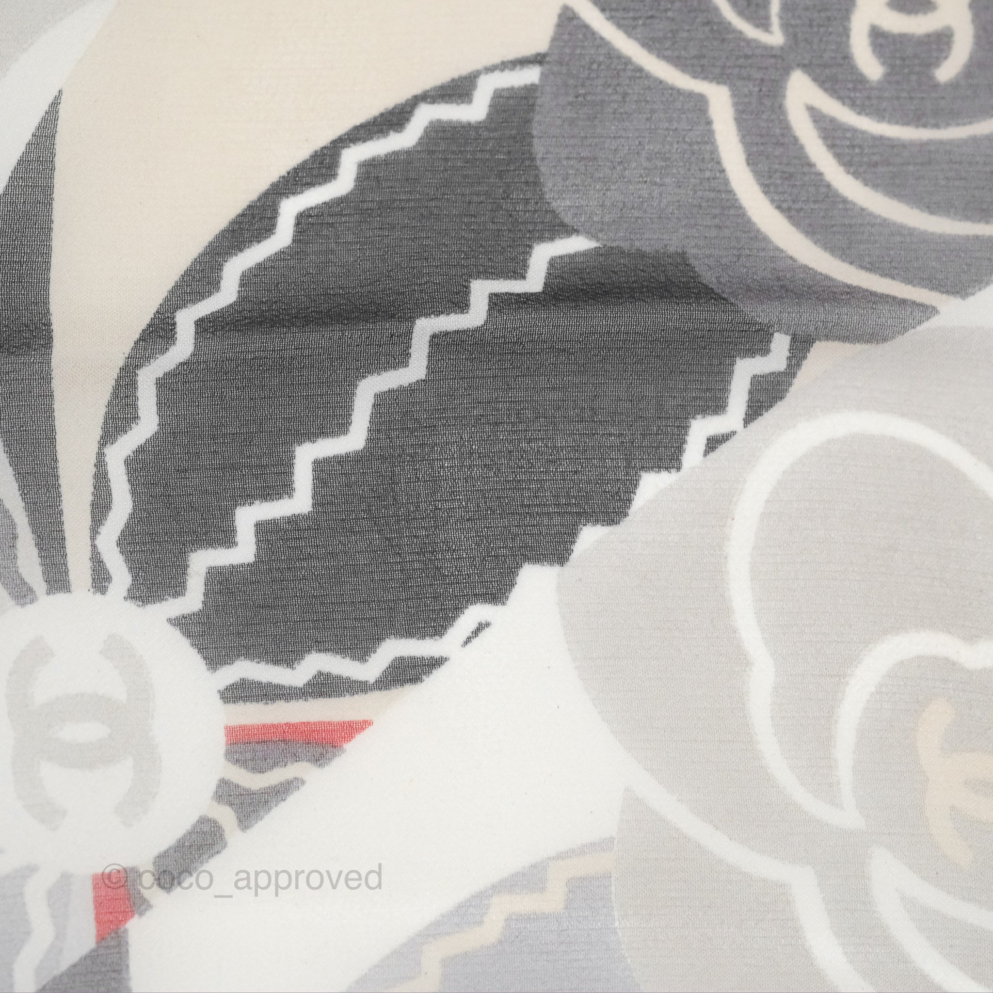 Chanel CC Silk Square Scarf 90 - Elegant Grey Red White Pattern - Luxury Fashion Accessory for Women - Perfect for Gifts, Parties, and Everyday Style