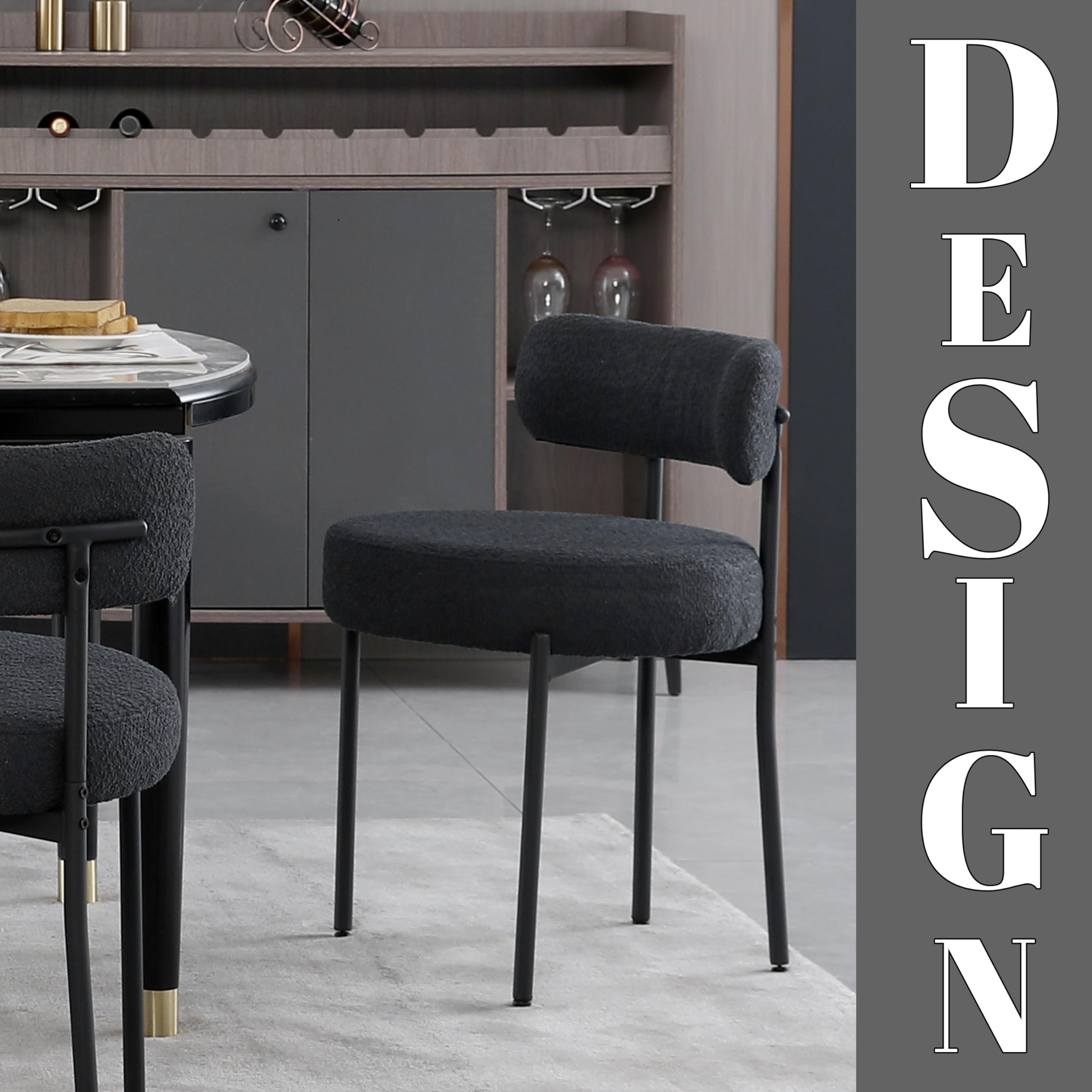 DYHOME Black Boucle Dining Chairs Set of 4 - Modern Upholstered Kitchen & Dining Room Chairs with Thick Cushions & Sturdy Metal Legs - Perfect for Kitchen, Living Room, Breakfast Nook & Small Space Dining