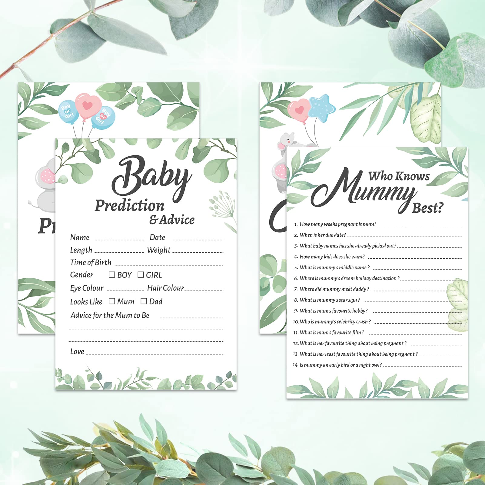 HOWAF Baby Shower Games Set - 50 Neutral Unisex Baby Prediction Cards (Who Knows Mommy Best, Guess the Weight & Date) - Fun Baby Shower Party Games & Decorations for Coed Showers, Gender Reveals & Newborn Celebrations - Perfect for Indoor & Outdoor Baby Showers