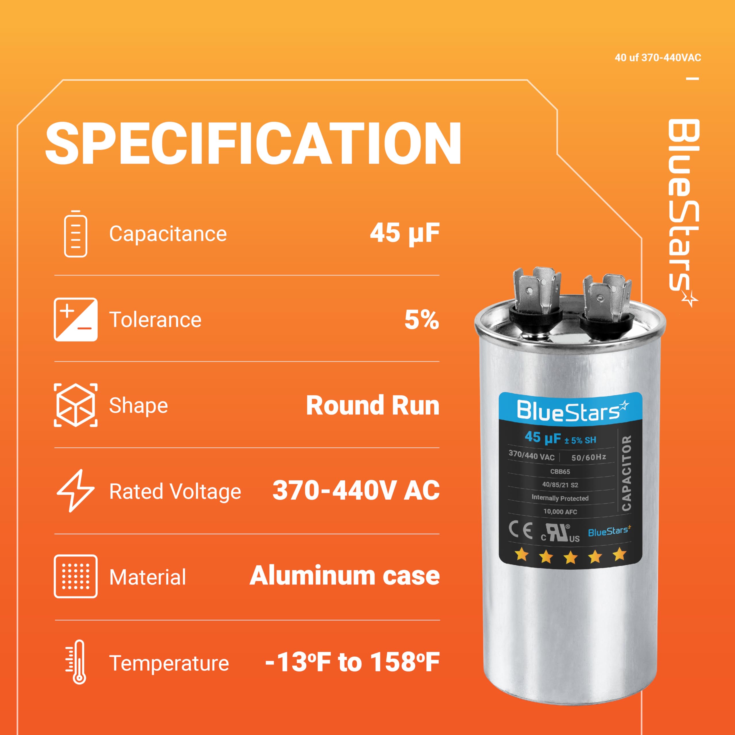 45uF 370-440VAC Round Run Start Capacitor Replacement - Exact Fit for AC Motor, Fan, Heat Pump & Air Conditioner - HVAC System, Cooling Unit & Appliance Repair Part