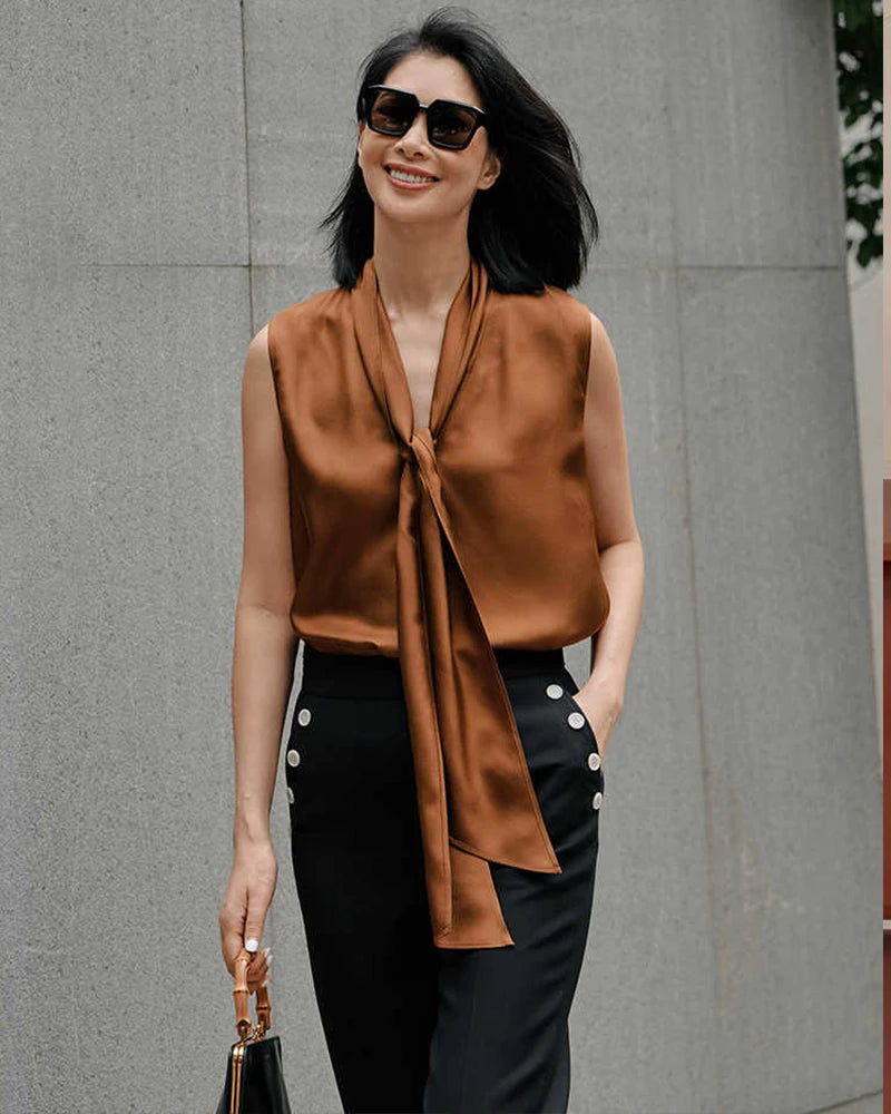 Elegant Sleeveless Silk Blouse for Women - Chic Tie Neck Design - Perfect for Office Wear, Evening Parties & Special Occasions