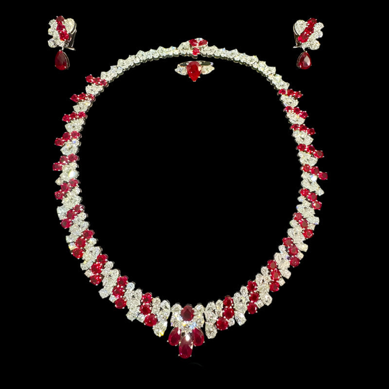 14K White Gold & Platinum Lab-Grown Ruby and Diamond Jewelry Set - Necklace (100ctw) & Earrings (16.5ctw) | Luxury Bridal, Anniversary Gift for Her | Perfect for Weddings, Parties & Special Occasions