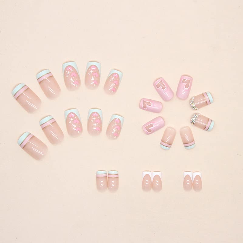 Valentine's Day Press on Nails - Medium Coffin French Fake Nails with Heart Rhinestone Designs - 24PCS Full Cover Acrylic Stick on Nails for Women - Perfect for Date Night, Bridal Shower & Romantic Occasions