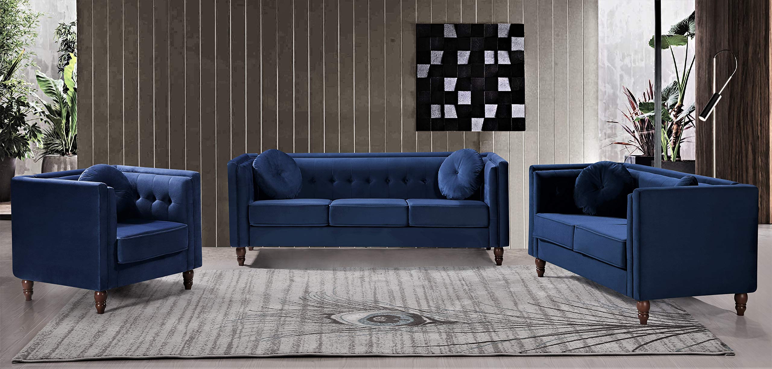 Lexie Velvet Mid Century Chesterfield Sofa Set - 3PC Loveseat & Accent Chairs for Living Room, Apartment, Bedroom & Office - Grey Velvet Upholstered Furniture for Modern Home Decor & Cozy Seating