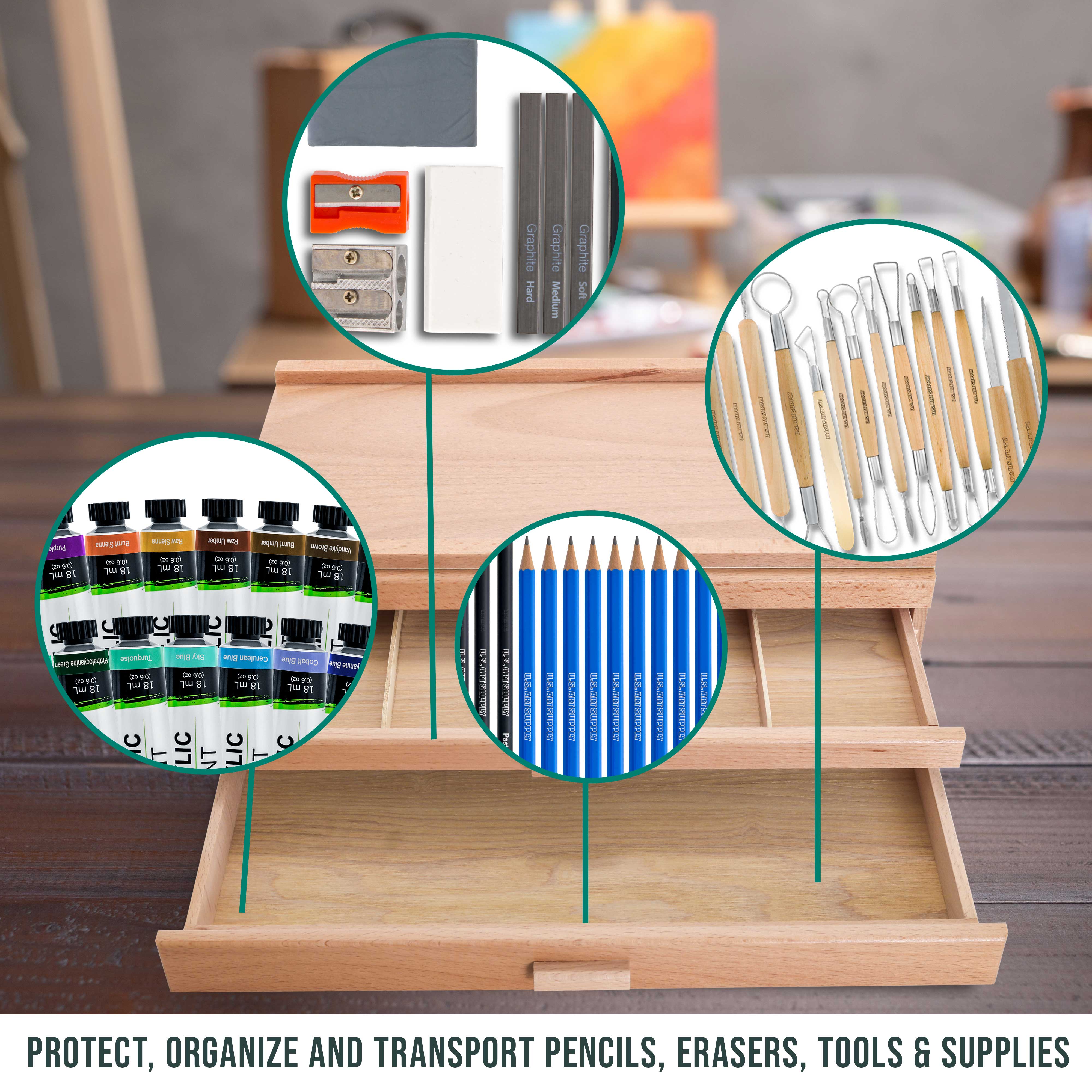 3-Drawer Artist Wood Storage Box - Elm Hardwood Construction with 5 Compartments per Drawer | Organize Pastels, Pens, Pencils, Markers, Charcoal & Blending Tools | Perfect for Art Studios, Classrooms & Home Crafting