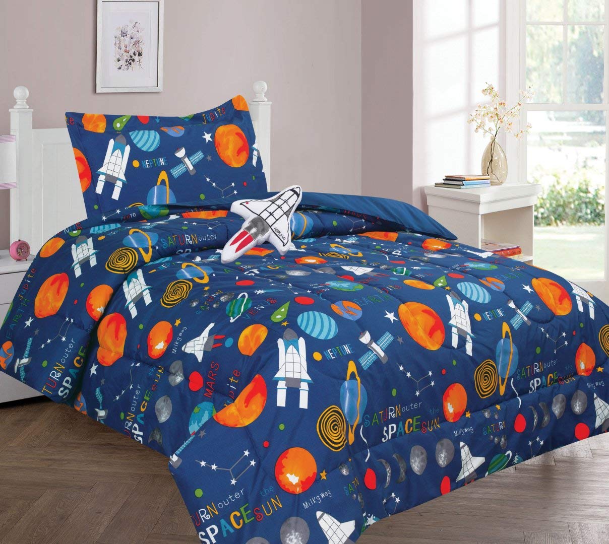Golden Linens Solar System Comforter Set - Twin Size Navy Blue Space Theme with Stars, Rockets & Galaxy Print | 6-Piece Bed in a Bag Includes Sheet Set & Decorative Pillow | Perfect for Boys' Room Decor, Kids' Bedding & Space-Themed Nursery