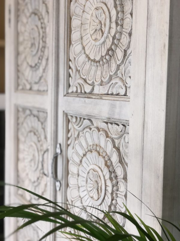 Exquisite Hand-Carved Floral Wooden Armoire - Authentic Indian Handmade Furniture for Bedroom & Living Room Storage