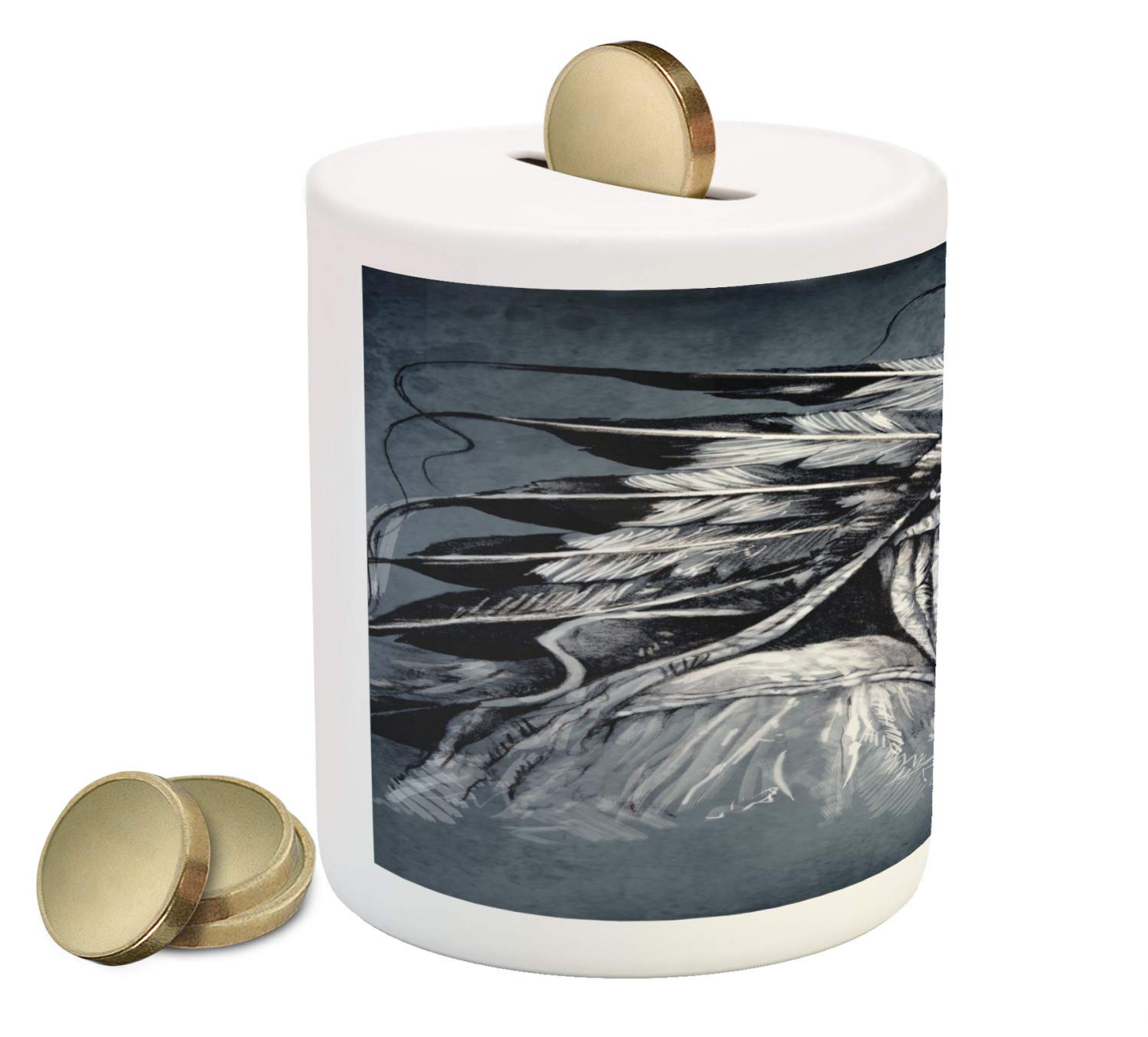 Ambesonne Tribal Piggy Bank - Hand-Painted Ceramic Coin Bank with Vintage Feather Chief Design for Cash Savings | Unique Money Box Gift for Kids & Adults | Perfect for Birthday, Christmas & Home Decor