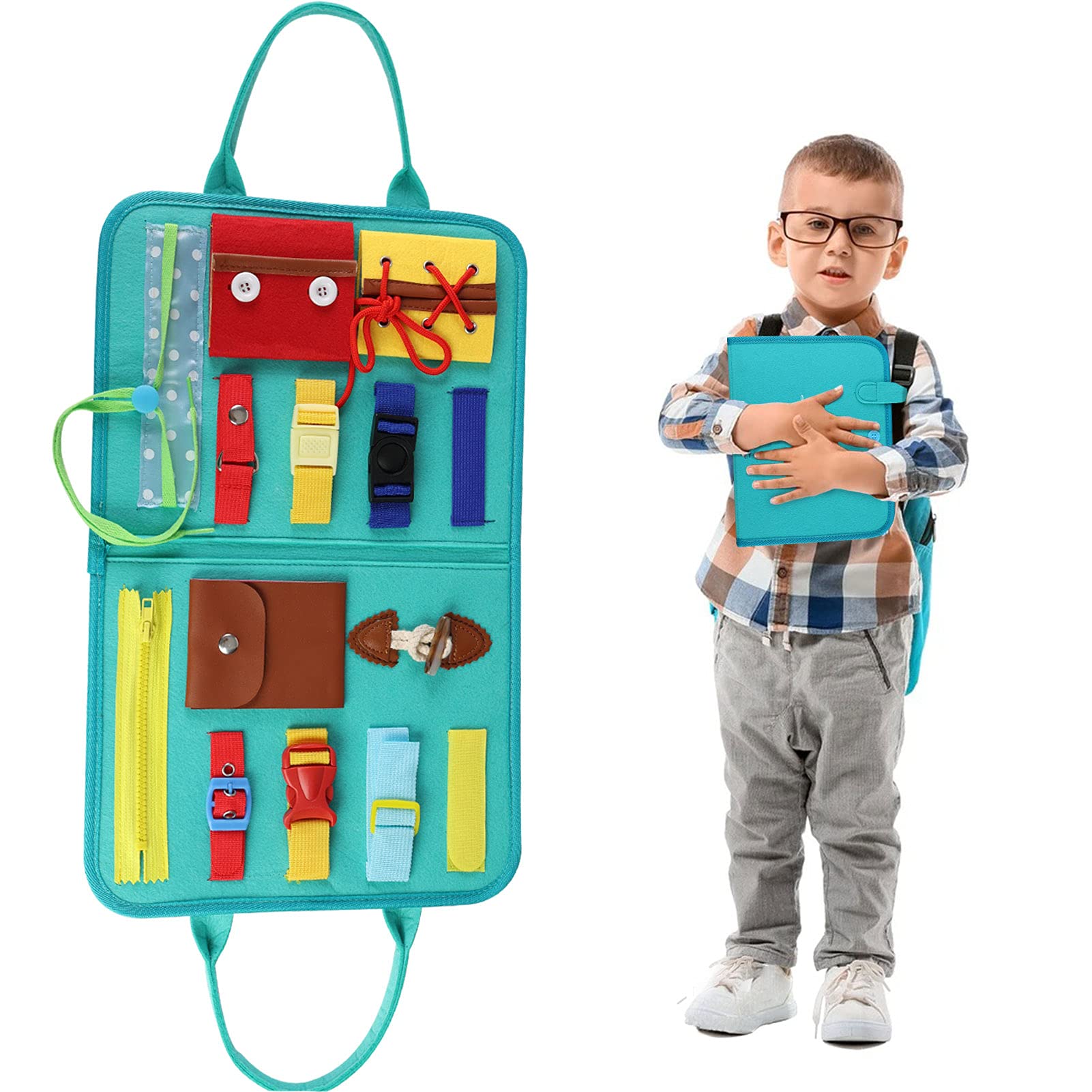 Montessori Busy Board Sensory Toy for Toddlers 1-4 Years - Educational Travel Activity Toy for Preschool Kids to Learn Basic Dressing Skills - Perfect Car Travel Toy & Gift for Boys & Girls (Blue) - Ideal for Airplane Trips, Road Trips & Quiet Playtime at Home