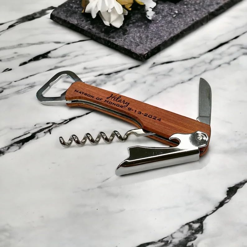 Personalized Engraved Wooden Corkscrew Bottle Opener - Custom Laser Engraved Wine Opener for Groomsmen Gifts, Wedding Favors & Home Bar Accessories - Perfect for Wine Lovers, Housewarming & Anniversary Gifts