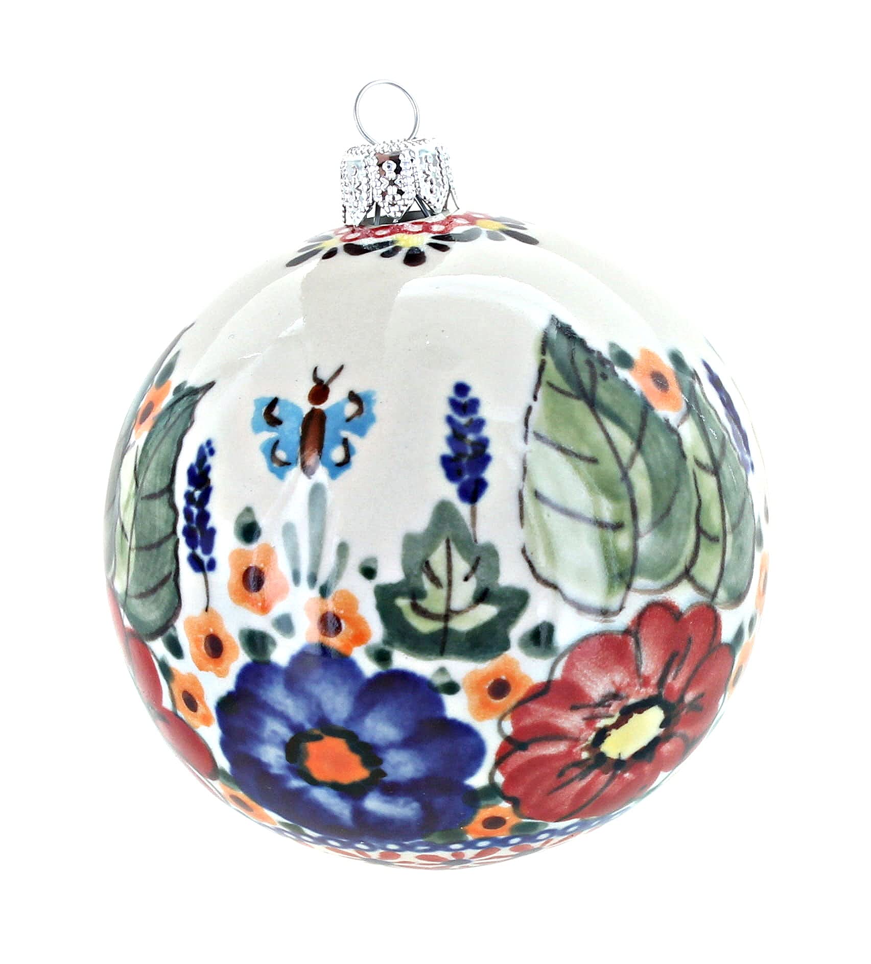 Handmade Blue Rose Polish Pottery Christmas Ornament with Floral Butterfly Design - Unique Holiday Tree Decoration for Home, Gift & Festive Decor