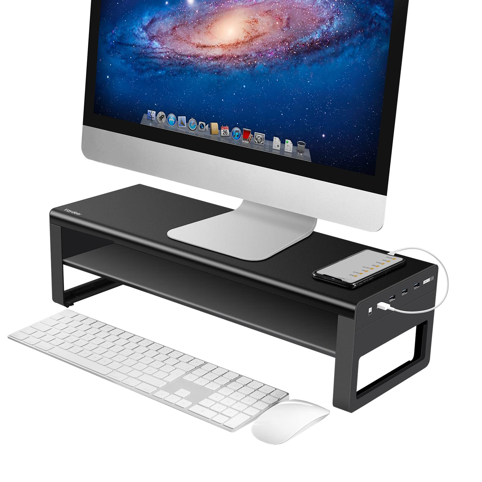 Vaydeer 2 Tier Aluminum Monitor Stand with 4 USB 3.0 Ports - Adjustable Desktop Riser for Computer & Laptop up to 27 Inch - Supports Fast Charging & Data Transfer (Black, 54.5x20x15.2cm) - Perfect for Home Office & Gaming Setup