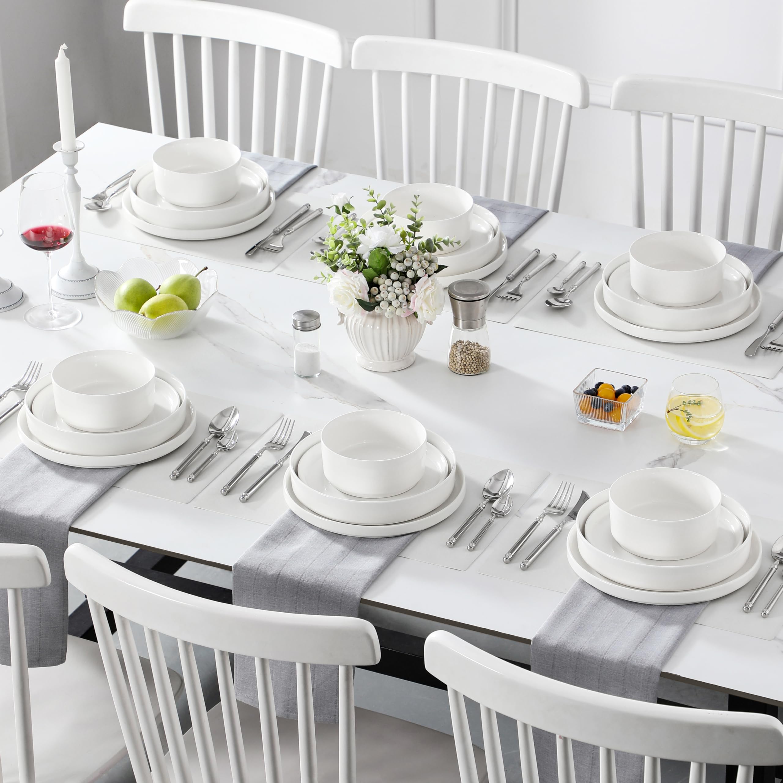 MALACASA 24-Piece Porcelain Dinnerware Set for 6 - Premium White Dish Set with Serving Plates & Bowls - Chip & Scratch Resistant - Modern Kitchen & Dining Ware (Series LEAH) - Perfect for Family Dinners, Entertaining Guests & Restaurant-Style Serving