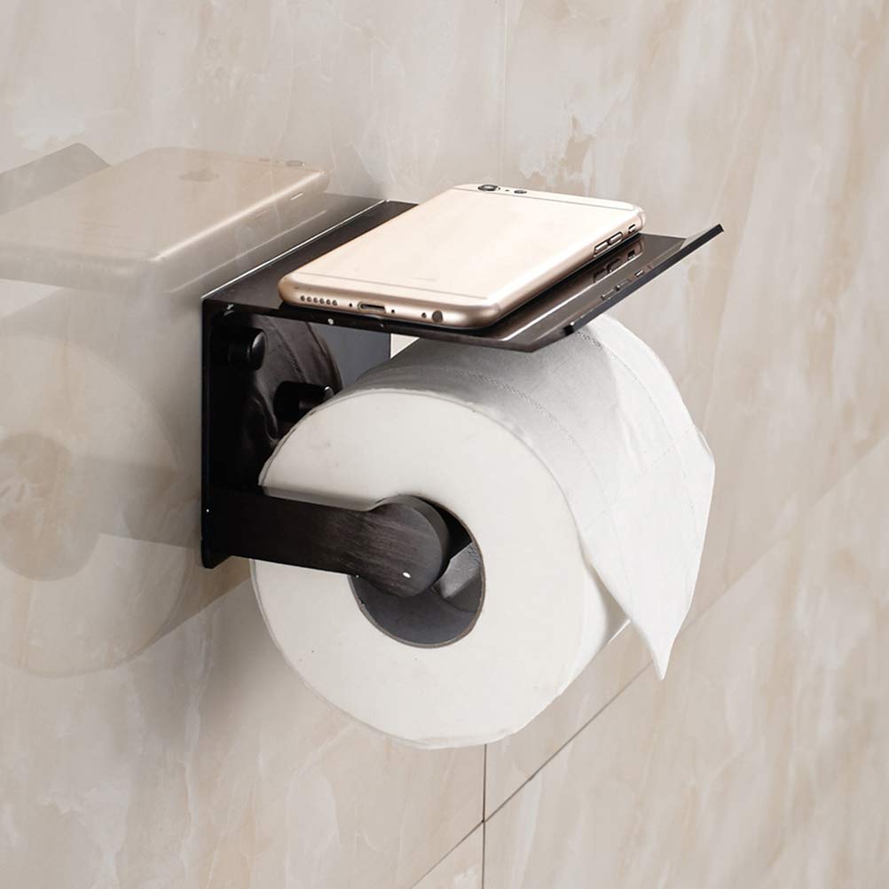 Wall Mounted Matte Black Standing Toilet Paper Holder & Towel Rack with Punch Hole Shelf - Bathroom Tissue Dispenser & Storage Solution for Modern Homes | Perfect for Small Spaces, Apartments & Powder Rooms
