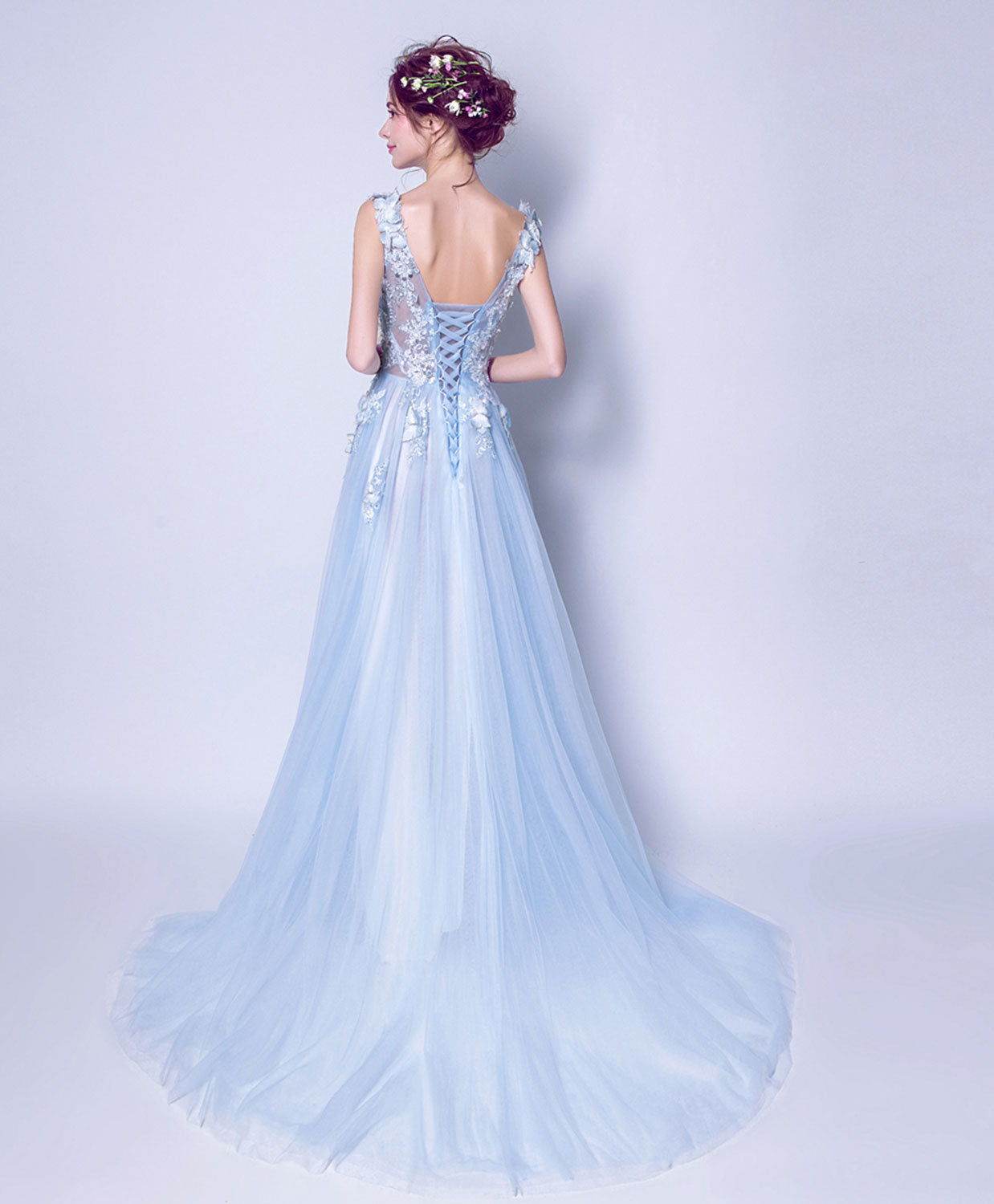 Elegant Blue V-Neck Tulle Lace Long Prom Dress | Formal Evening Gown for Homecoming, Wedding & Special Occasions