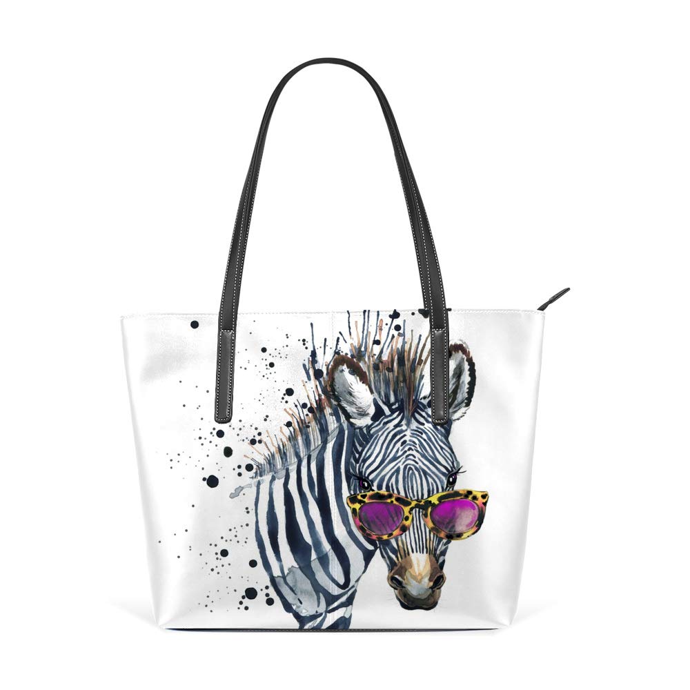 Stylish Women's Leather Tote Shoulder Bag - Large Zebra Watercolor Print Work & Casual Shopper Handbag for Office, Travel & Everyday Use