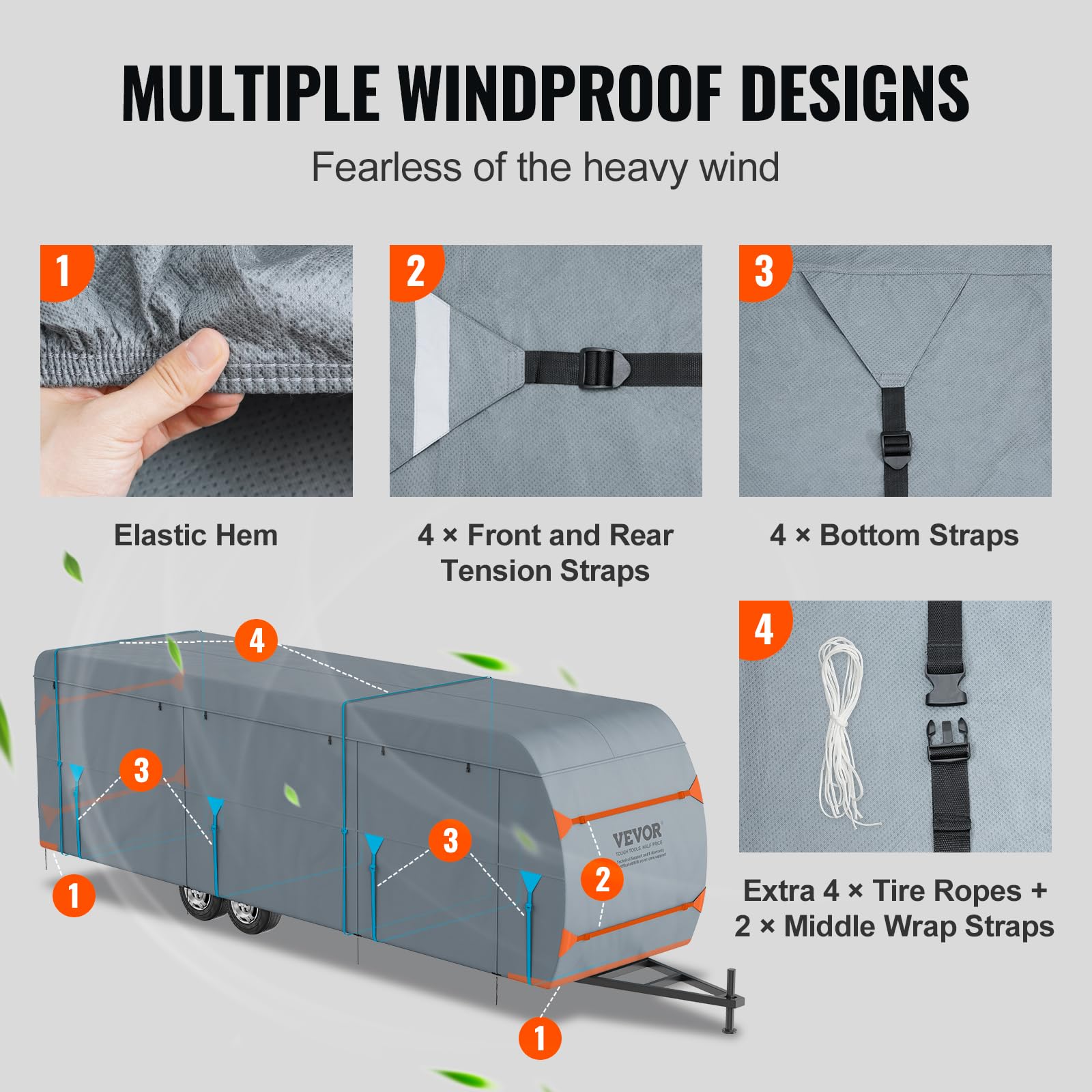 VEVOR 24-26' RV Travel Trailer Cover - 4-Layer Waterproof Windproof Camper Cover with Storage Bag | Heavy Duty Rip-Stop Non-Woven Fabric for Class A Motorhomes | Perfect for Outdoor Storage & Winter Protection