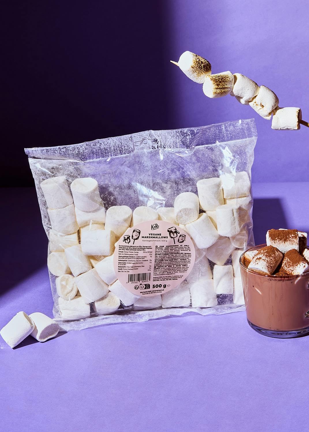KoRo Vegan Marshmallows 500g - Extra Large Soft & Sweet Vanilla Flavored Marshmallows - Perfect for Hot Chocolate, Campfire S'mores & Baking Desserts