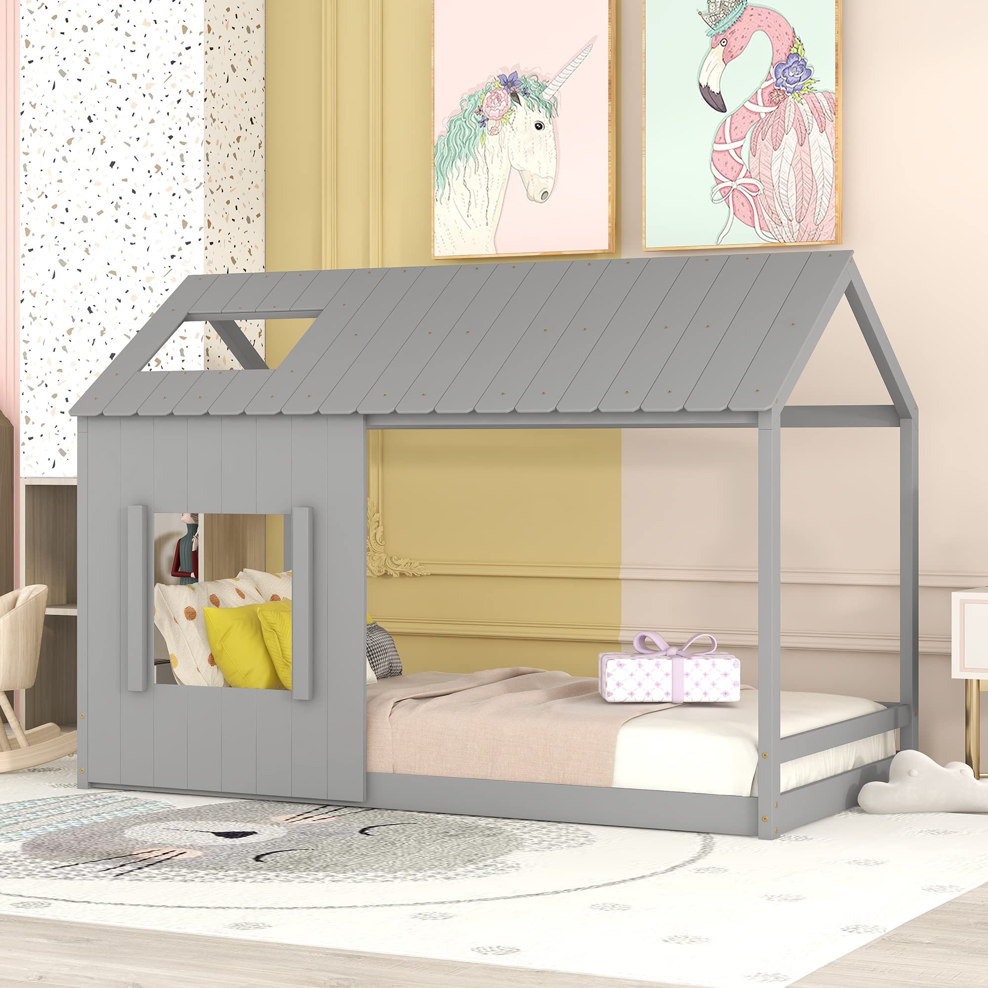 Montessori Twin House Bed for Kids - Wooden Floor Bed with Roof & Window, Playhouse Toddler Bed Frame for Girls & Boys - No Box Spring Needed (Gray) | Perfect for Montessori Bedrooms, Playrooms & Small Spaces