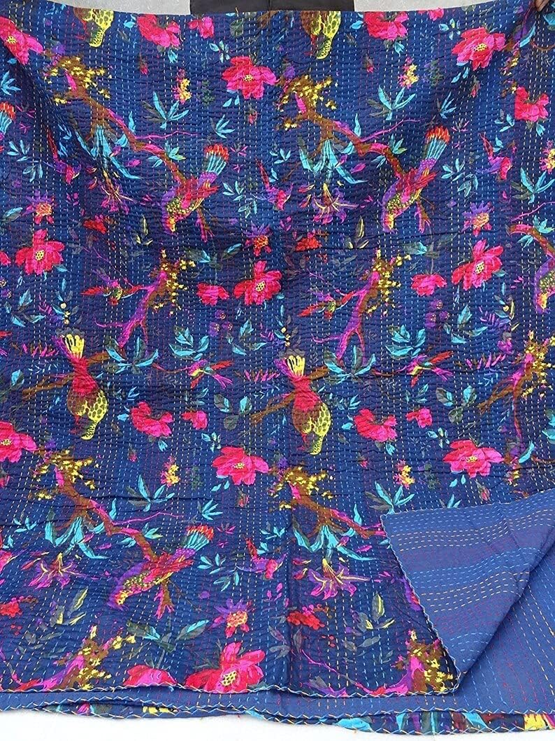 Handmade Indian Blue Bird Print Kantha Quilt - 100% Cotton Reversible Tribal Bedspread (90