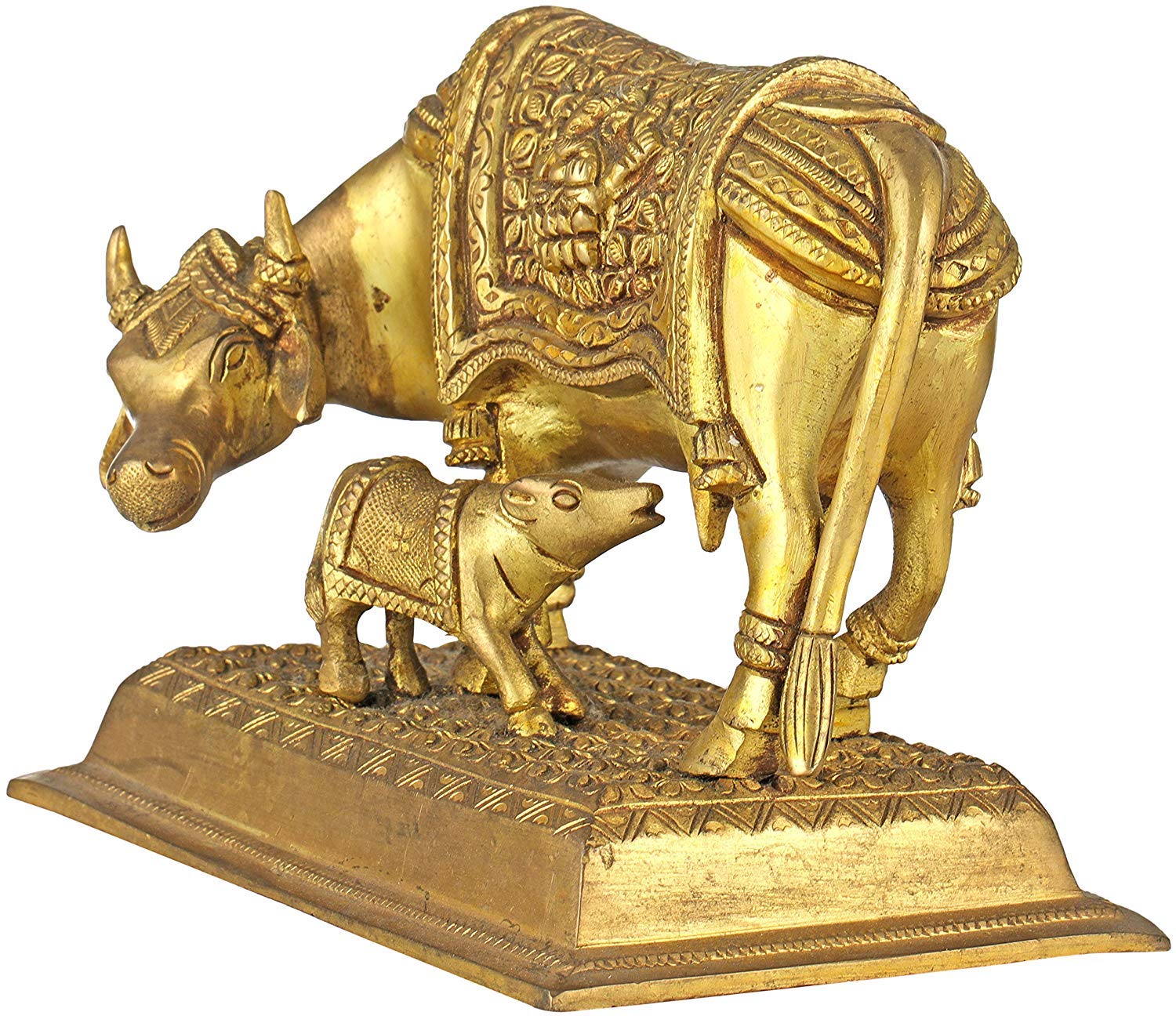 Pink Lotus Mother Cow with Calf Brass Statue - Hindu & Buddhist Home Decor, Yoga Meditation Altar Piece, Spiritual Gift for Housewarming