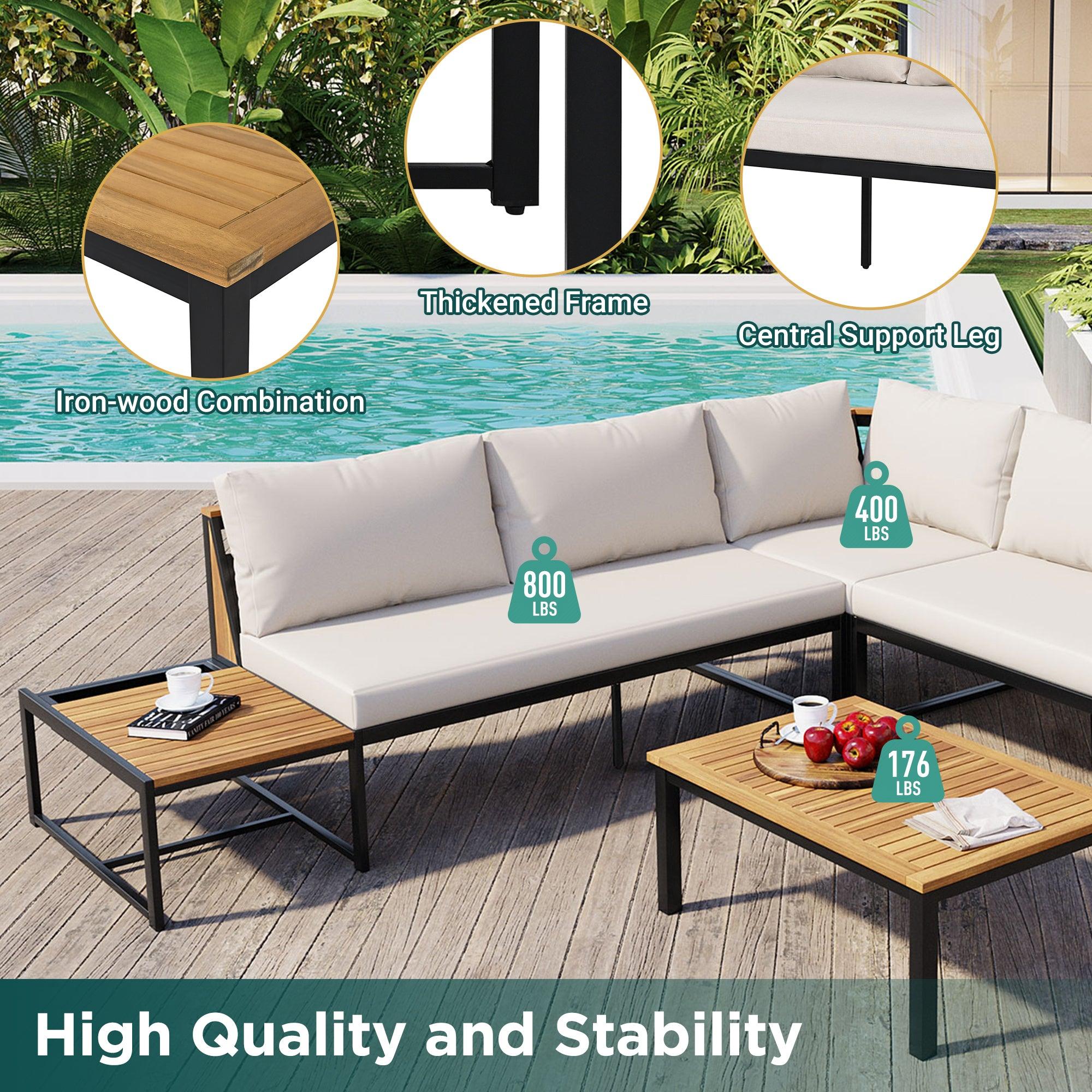 4-Piece Outdoor Patio Furniture Set with Loveseats & Waterproof Cushions - Durable Iron Wood Design for Garden, Backyard, Poolside - Perfect for Relaxing, Entertaining & Outdoor Dining