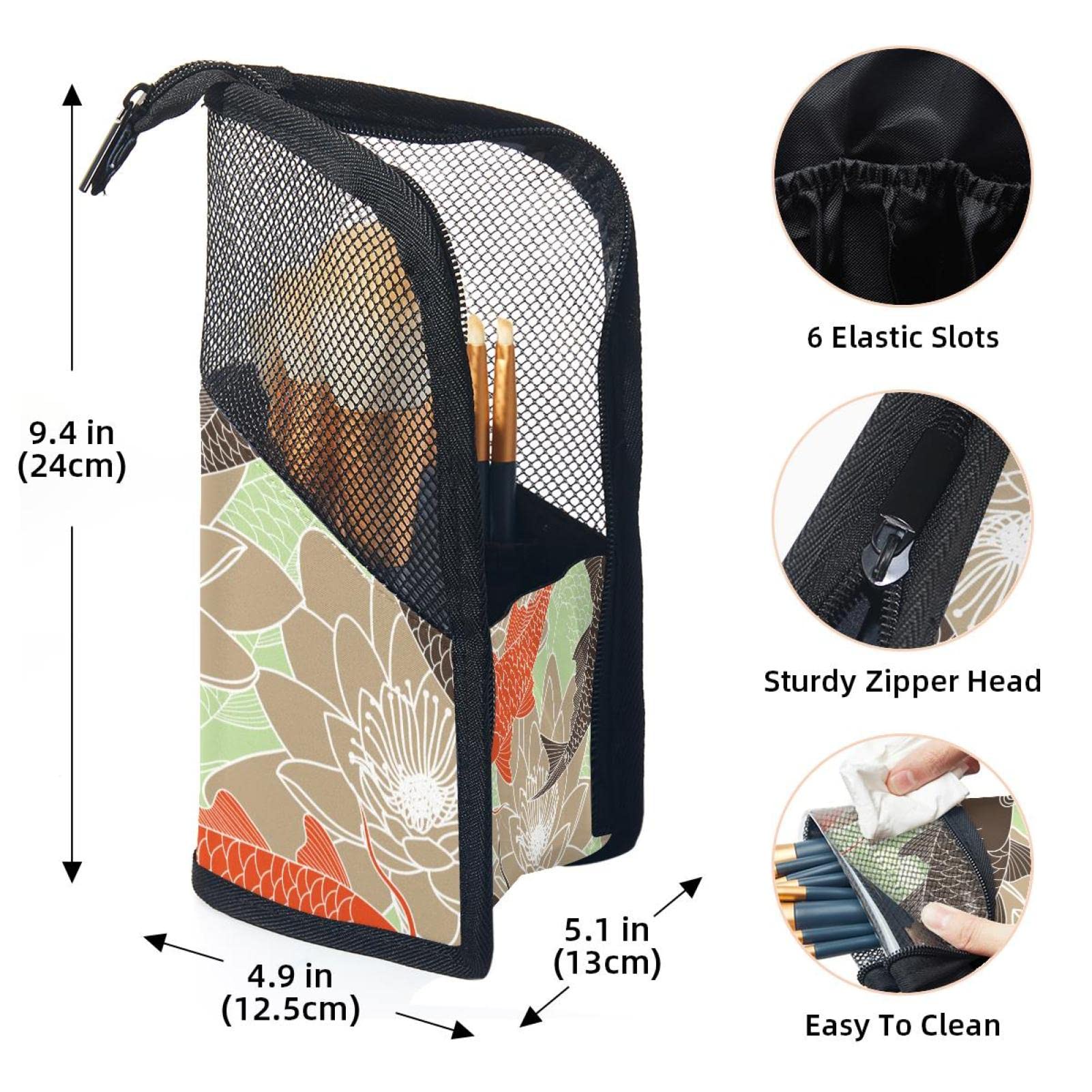 Portable Makeup Brush Organizer Bag with 12 Slots - Koi Lotus Leaf Fish Design Cosmetic Brush Holder Case for Travel & Home Storage