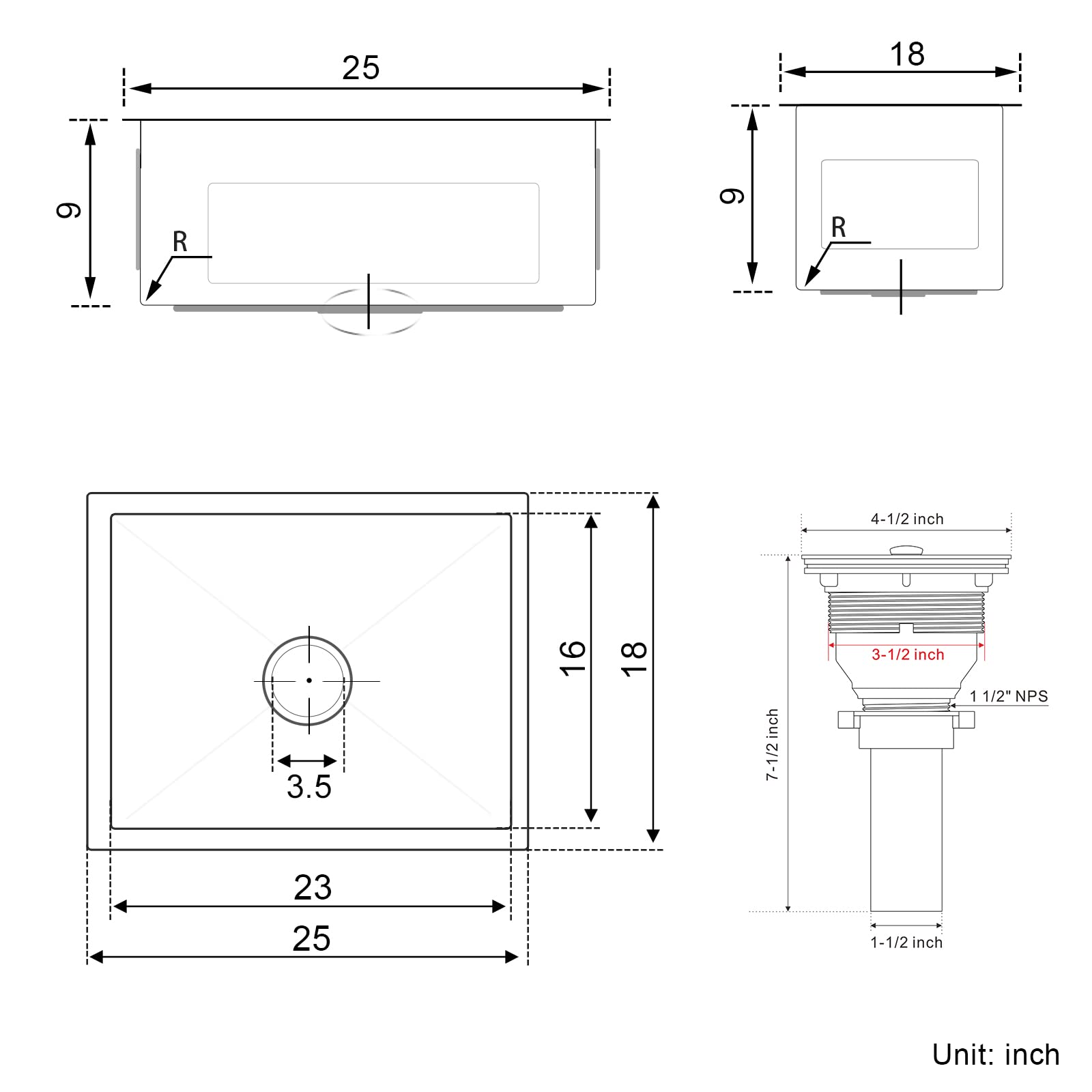 25x18 Inch Drop-in Tight Radius 18 Gauge Stainless Steel Kitchen Sink - Undermount Single Bowl for Modern Home & Restaurant Use