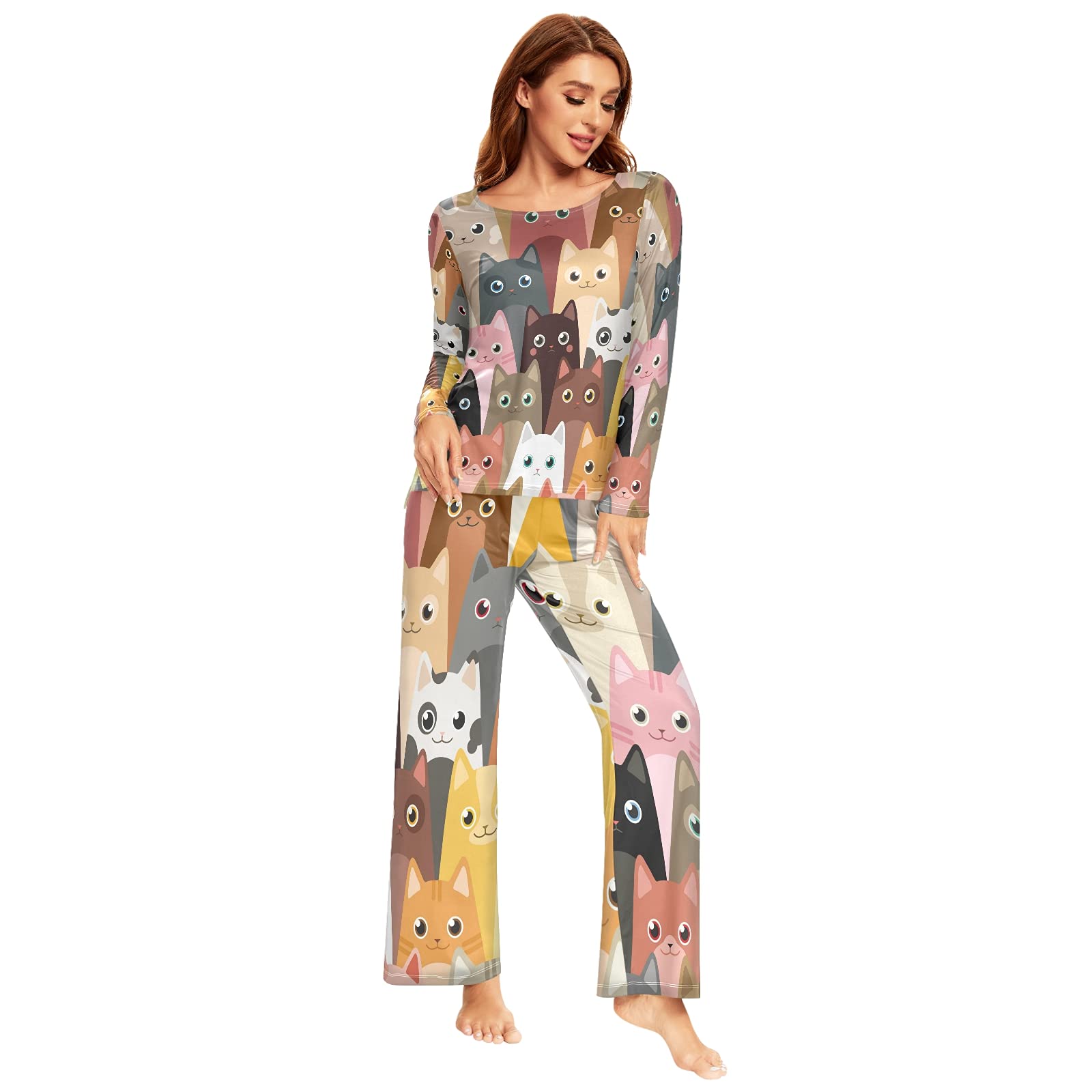 ALAZA Women's 2-Piece Colorful Cat Kitten Pajama Set - Long Sleeve Sleepwear & Lounge Wear for Cozy Nights, Sleepovers, and Relaxing at Home