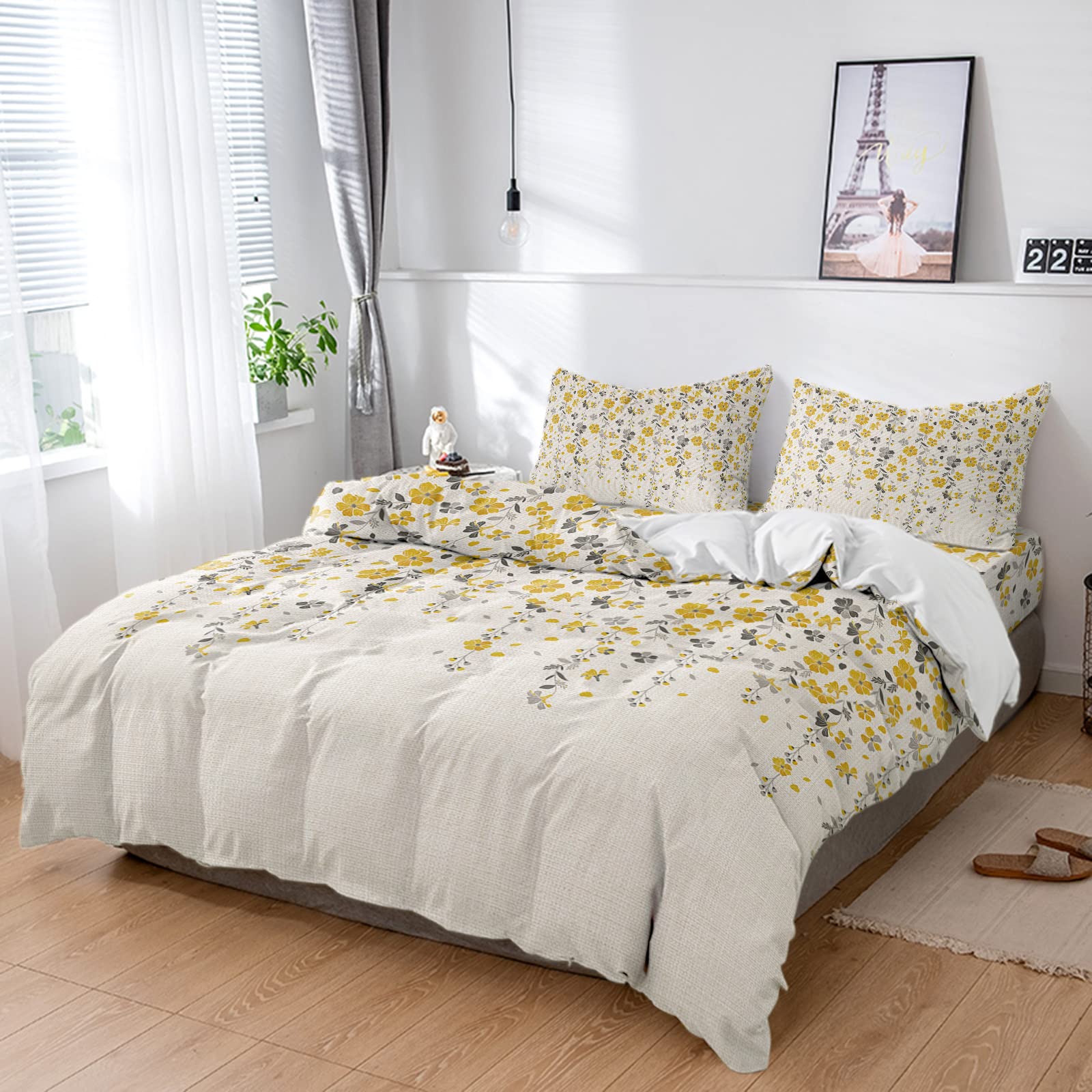 4-Piece Twin Duvet Cover Set - Farmhouse Floral Vine Pattern, Ultra Soft Microfiber Comforter Cover with Pillow Shams | Vintage Linen Look in Yellow & Grey | Hidden Zipper Closure | Perfect for Guest Rooms, Kids' Bedrooms & Cozy Farmhouse Decor