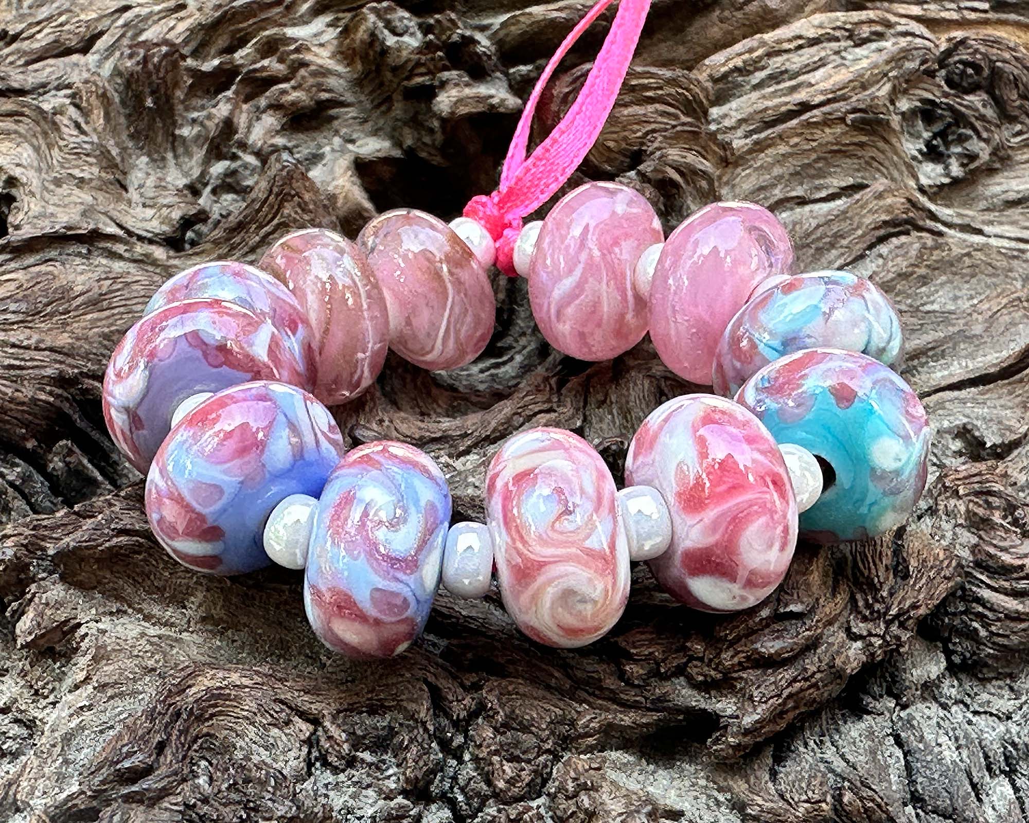 12 Pink Mosaic Twist Lampwork Glass Beads for Jewelry Making - DIY Bracelet, Necklace & Craft Projects - Boho Style Bead Mix (SRA) - Perfect for Handmade Gifts & Home Decor
