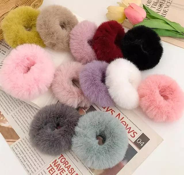 Sweet Girls Soft Plush Hair Scrunchies - 12 Pack Fluffy Korean Style Elastic Hair Ties for Baby, Kids & Women - Trendy Fashion Accessories for School, Work, Party & Everyday Use