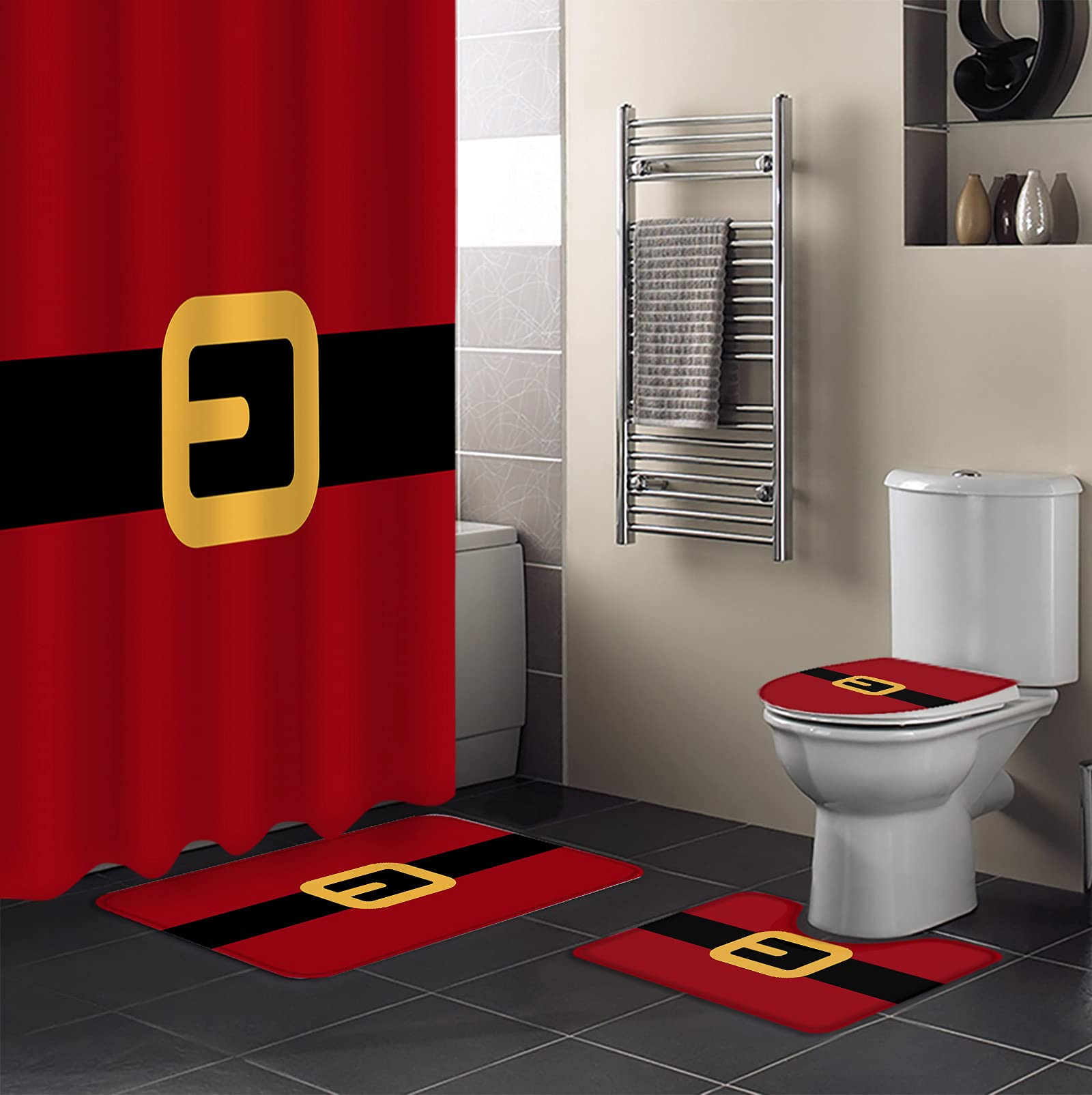 4PCS Non-Slip Bathroom Mat Set - Yellow & Black Santa Belt Christmas Decor with Shower Curtain & Toilet Cover | Holiday Bath Mats for Festive Home Decor, Perfect for Christmas Bathroom Safety and Cozy Winter Atmosphere