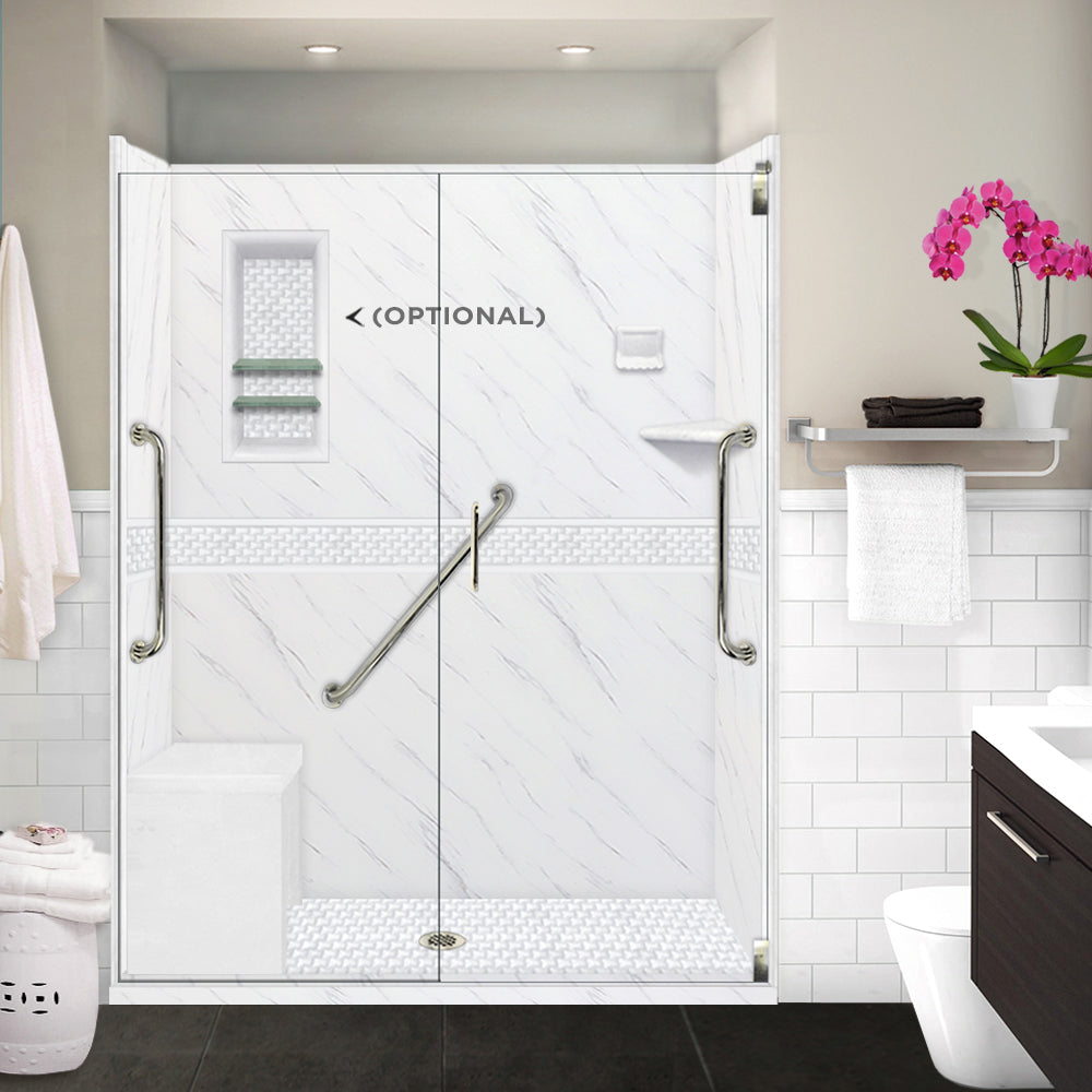 Freedom 60 Alcove Carrara Medici Marble & Jewel Stone Accent DIY Shower Remodel Kit - Luxury Bathroom Upgrade for Home Renovation & Spa-Like Shower Experience
