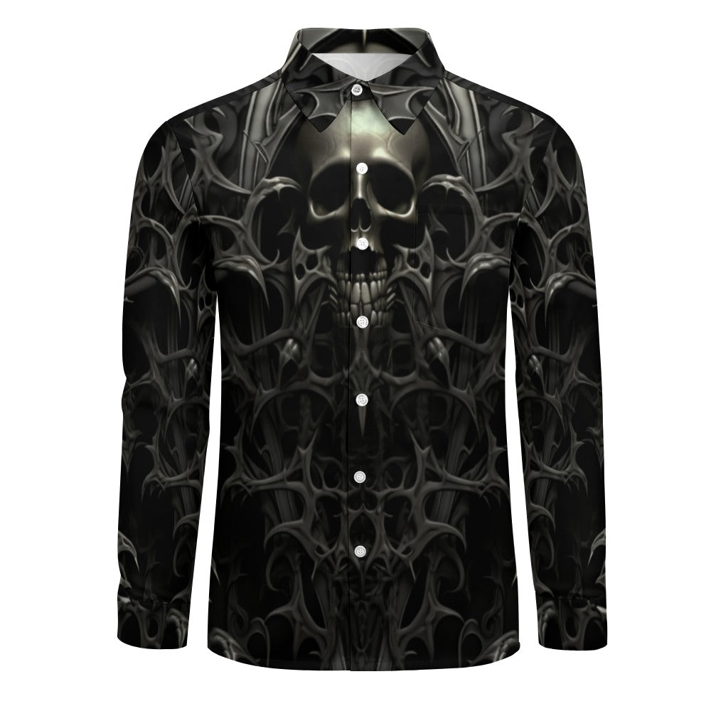 Gothic Skull Print Long Sleeve T-Shirt for Men & Women | Dark Casual One Pocket Shirt | Perfect for Halloween, Cosplay, and Alternative Fashion Outfits
