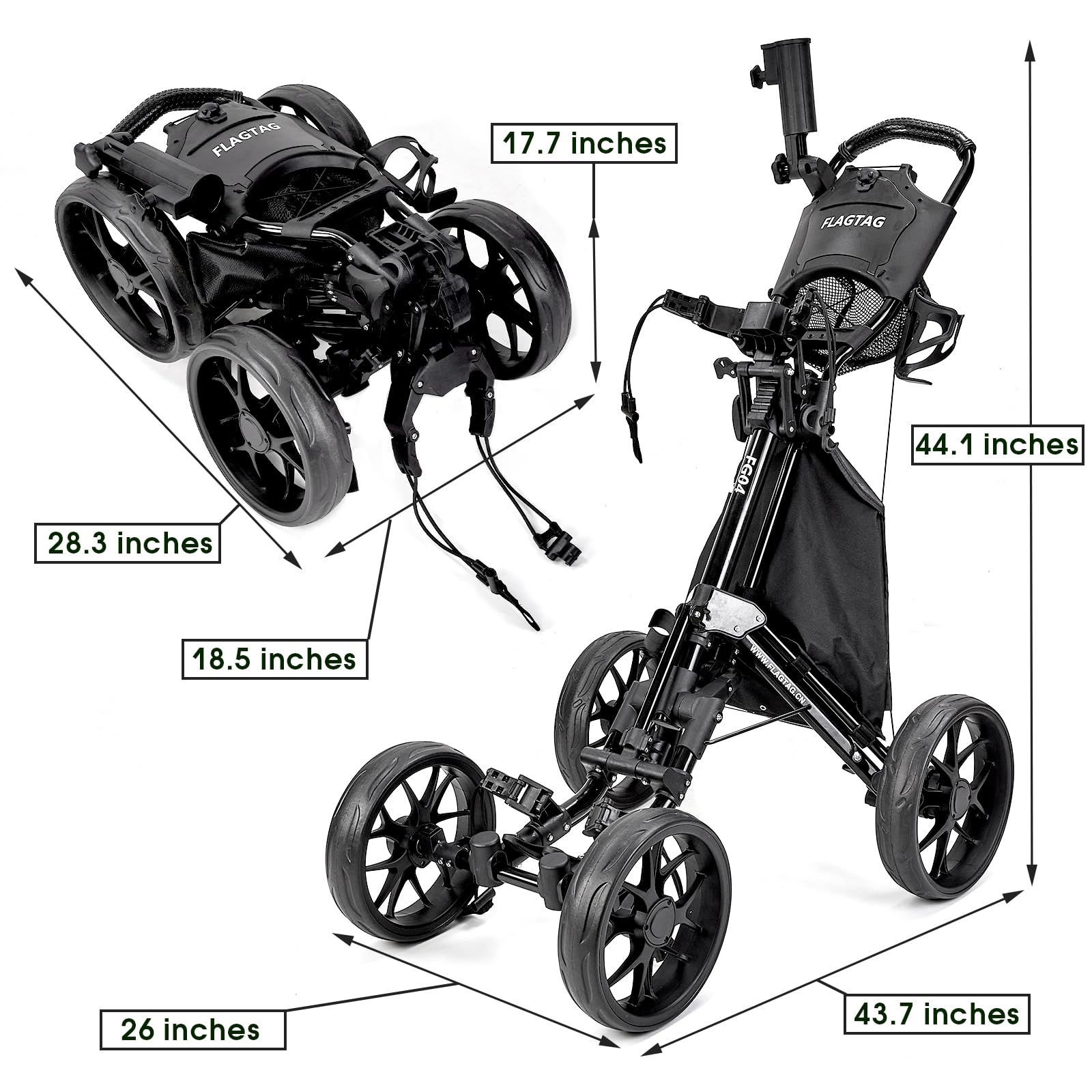4-Wheel Folding Golf Push Cart with Cup Holder, Umbrella Holder & Cooler Bag - One-Click Foldable Design, Adjustable Handle Height - Perfect for Walking Golfers on the Course or Driving Range