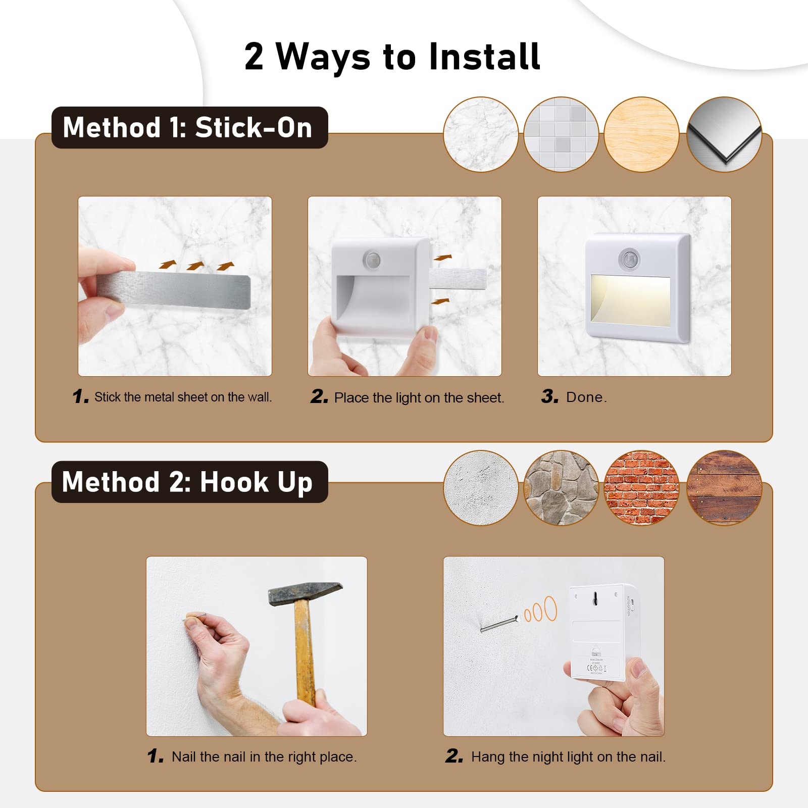 2 Pack Motion Sensor Night Lights - Battery Powered Stick-On LED Closet Lights for Hallway, Stairs, Bathroom & Kitchen (Auto/On/Off) - Perfect for Bedrooms, Cabinets & Dark Spaces