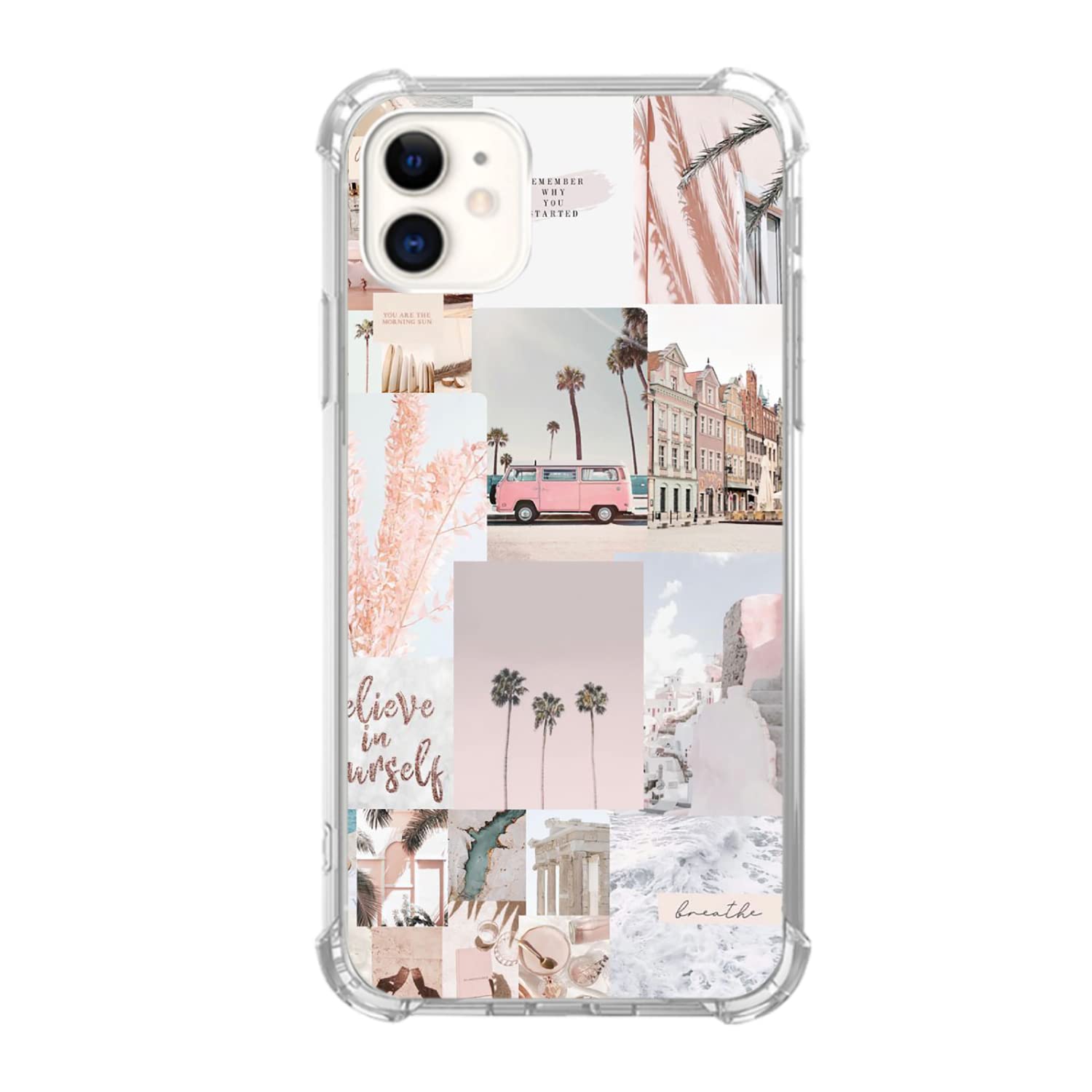 Pink Aesthetic Collage Phone Case for iPhone 12 - Soft TPU Bumper Cover for Women & Men - Summer Beach Compatible - Perfect for Vacation, Pool Parties & Outdoor Activities